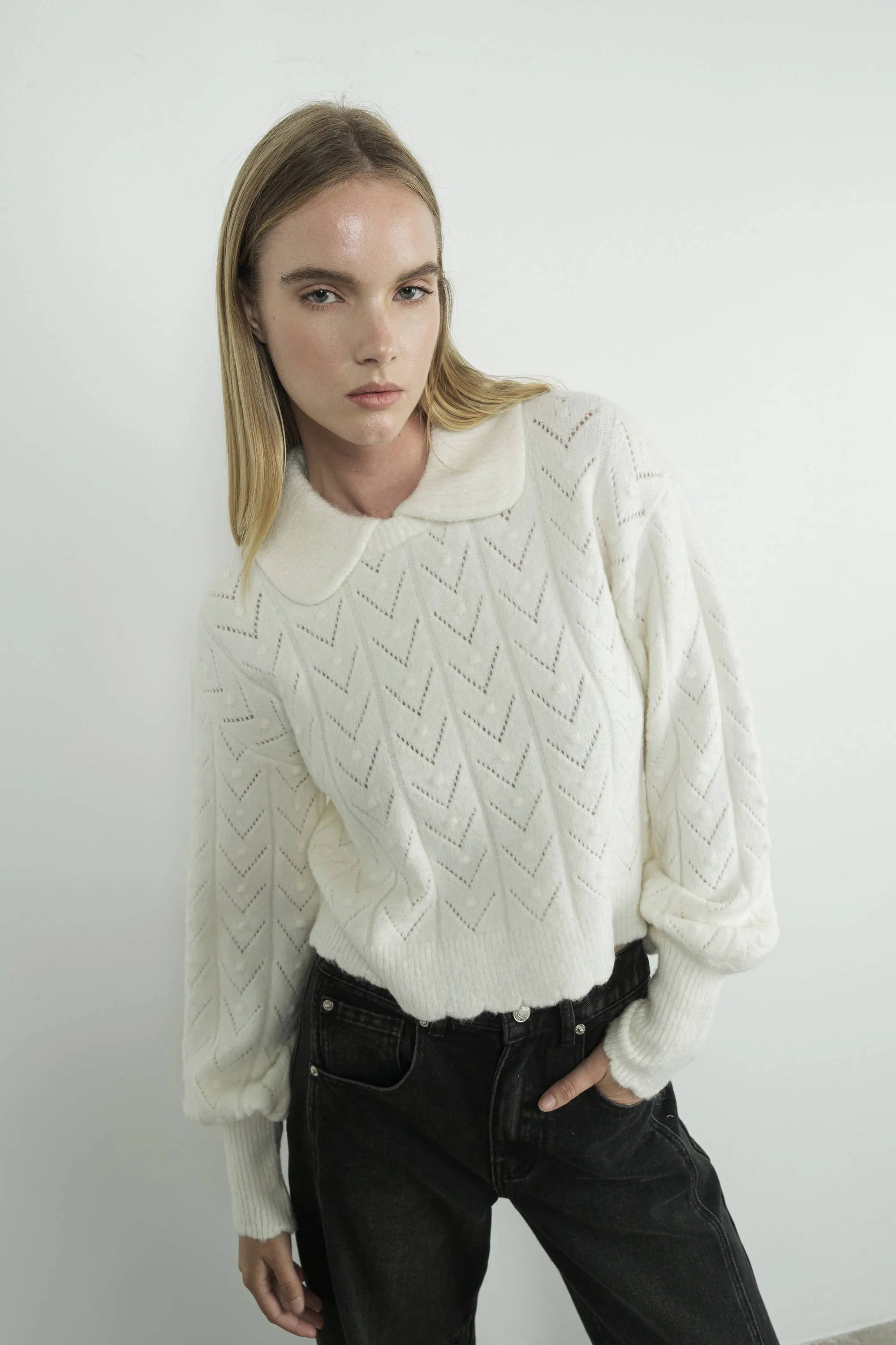 Aaron & Amber - Edge Pointelle Sweater with Collar