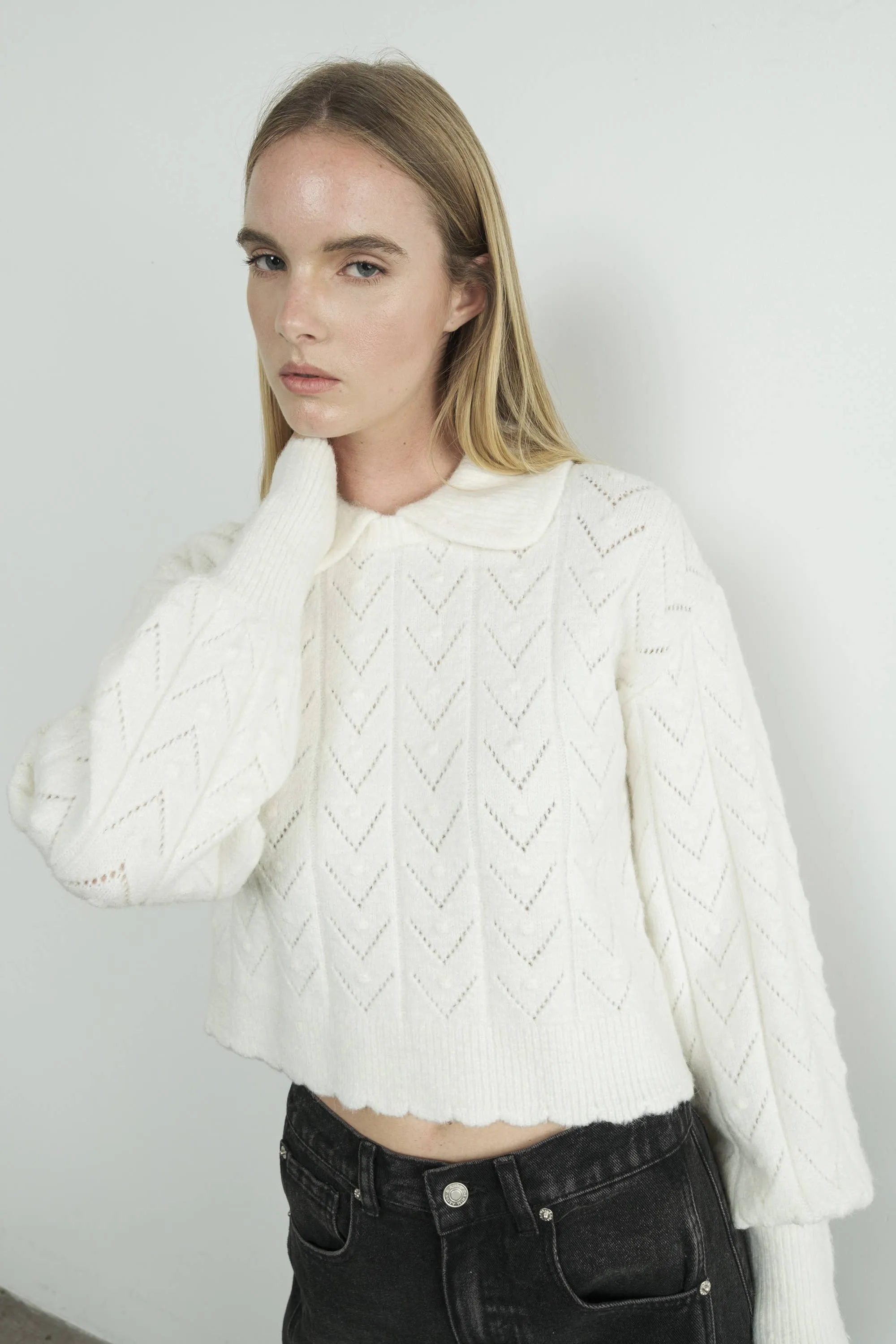 Aaron & Amber - Edge Pointelle Sweater with Collar