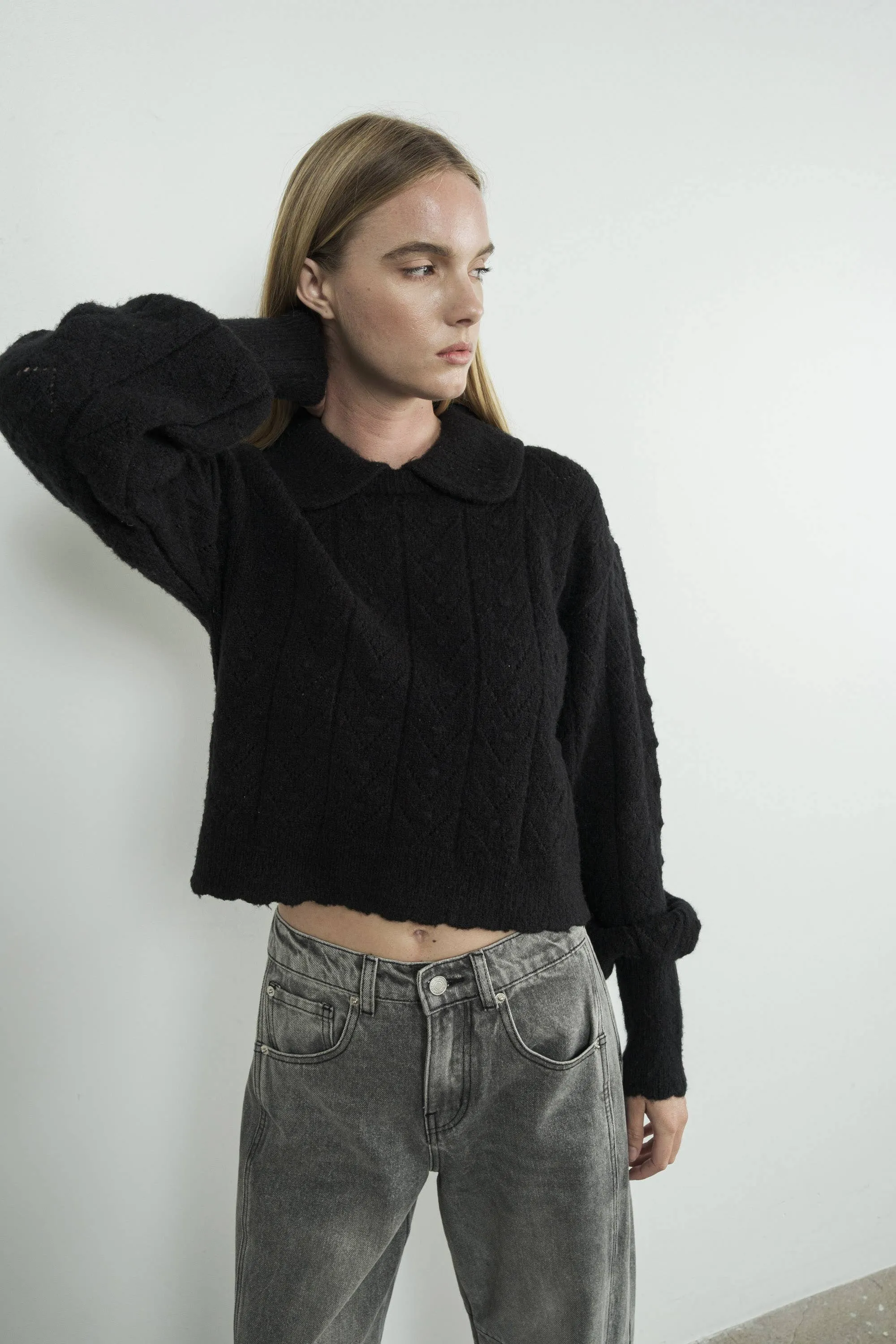 Aaron & Amber - Edge Pointelle Sweater with Collar