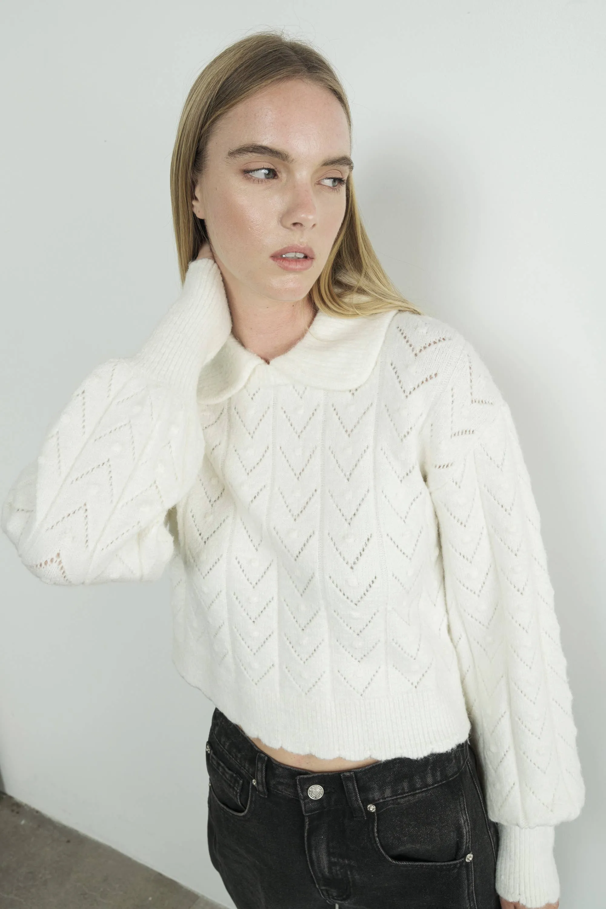 Aaron & Amber - Edge Pointelle Sweater with Collar