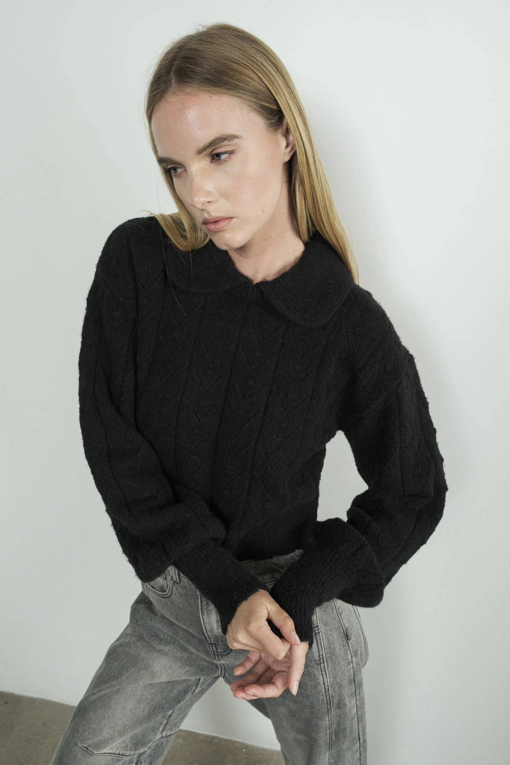 Aaron & Amber - Edge Pointelle Sweater with Collar
