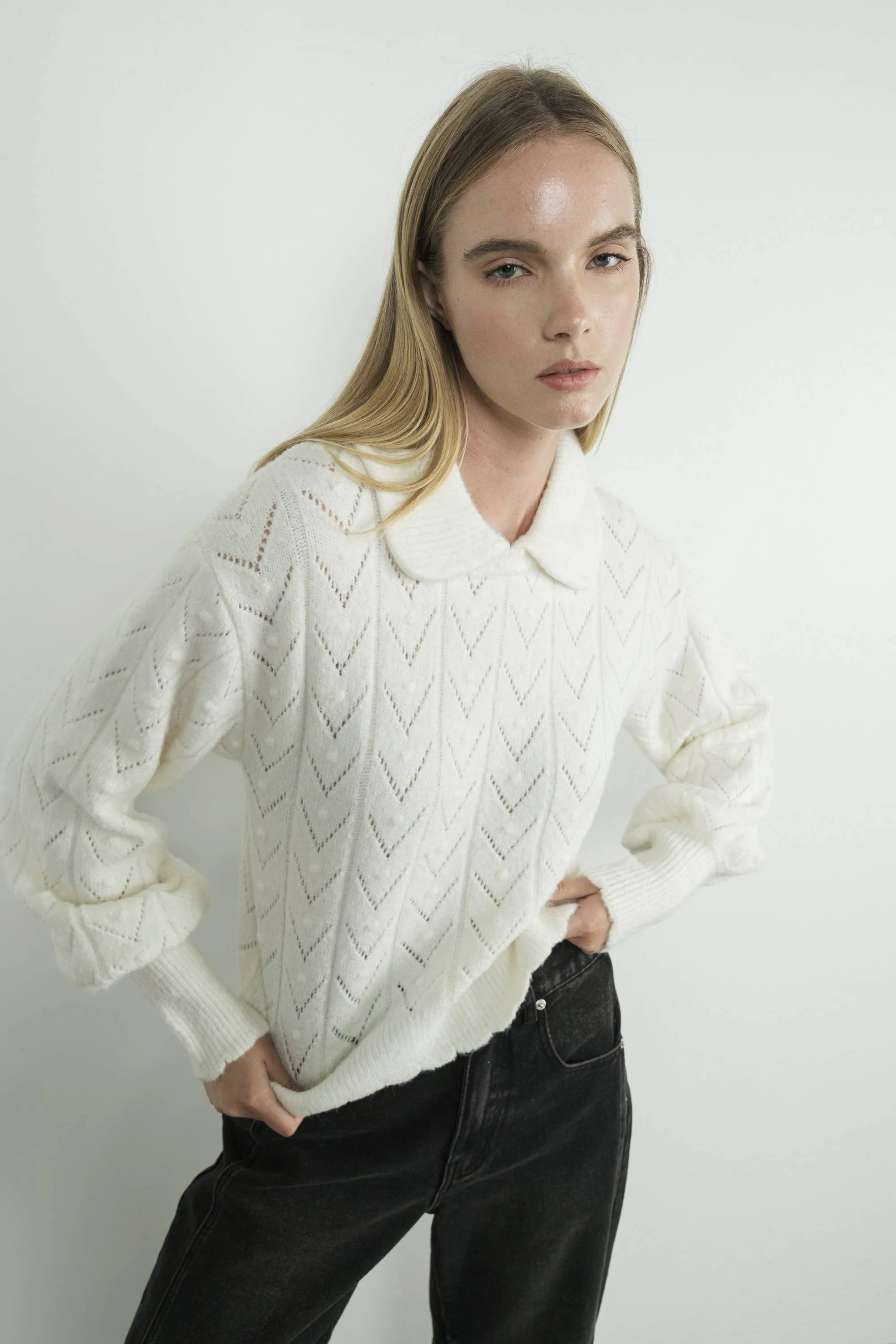 Aaron & Amber - Edge Pointelle Sweater with Collar
