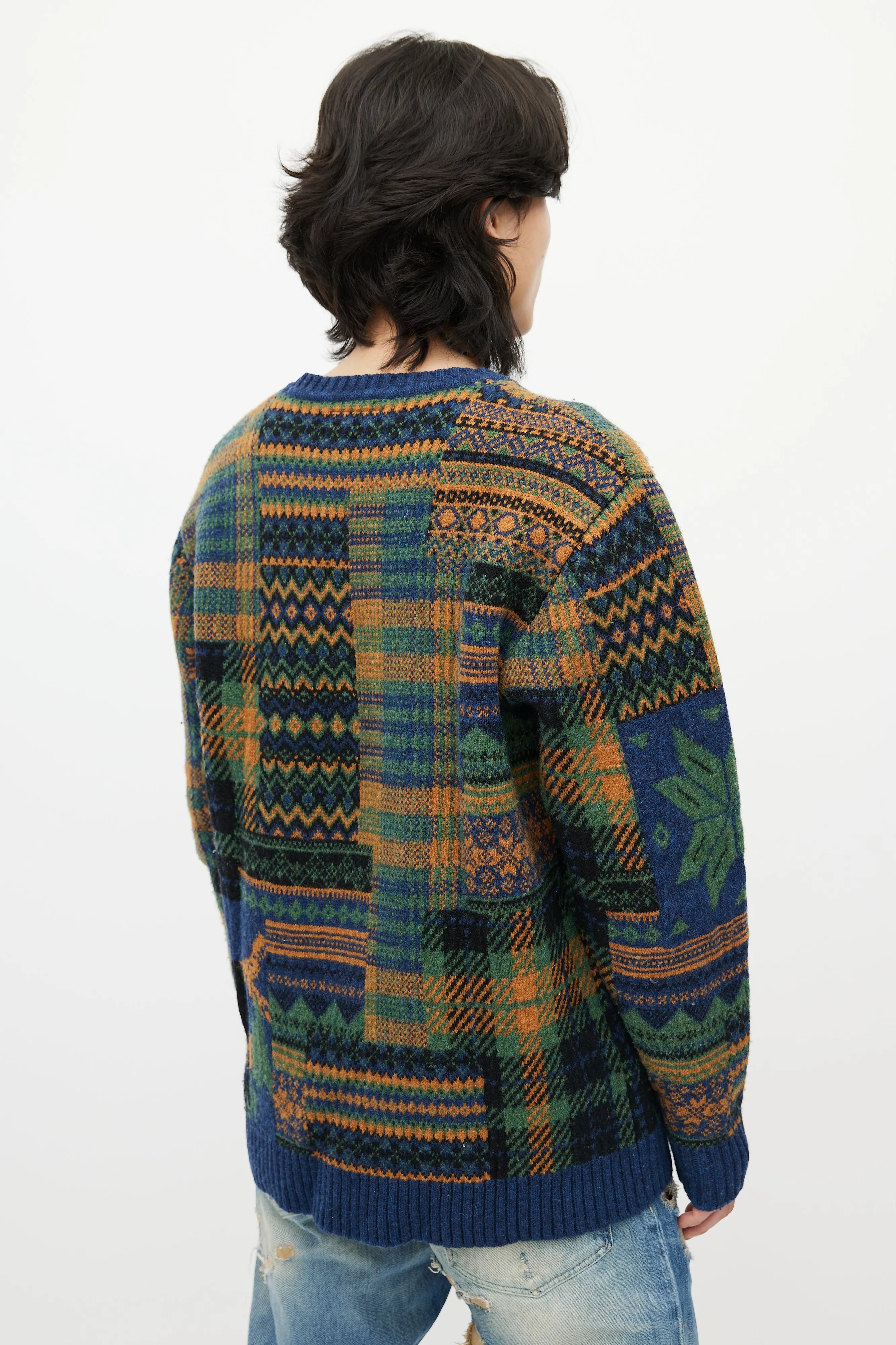 Blue & Multicolour Patterned Wool Sweater