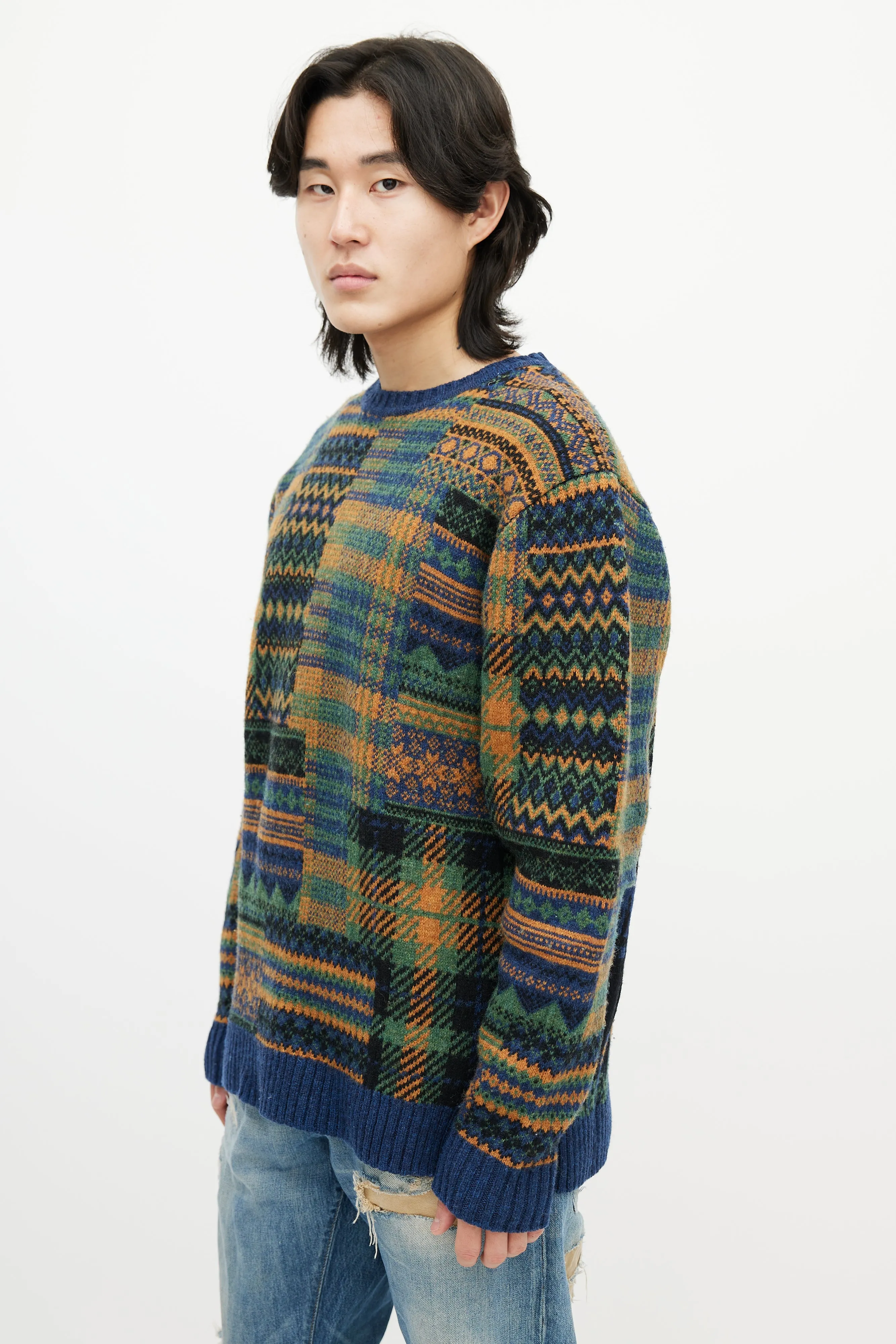 Blue & Multicolour Patterned Wool Sweater
