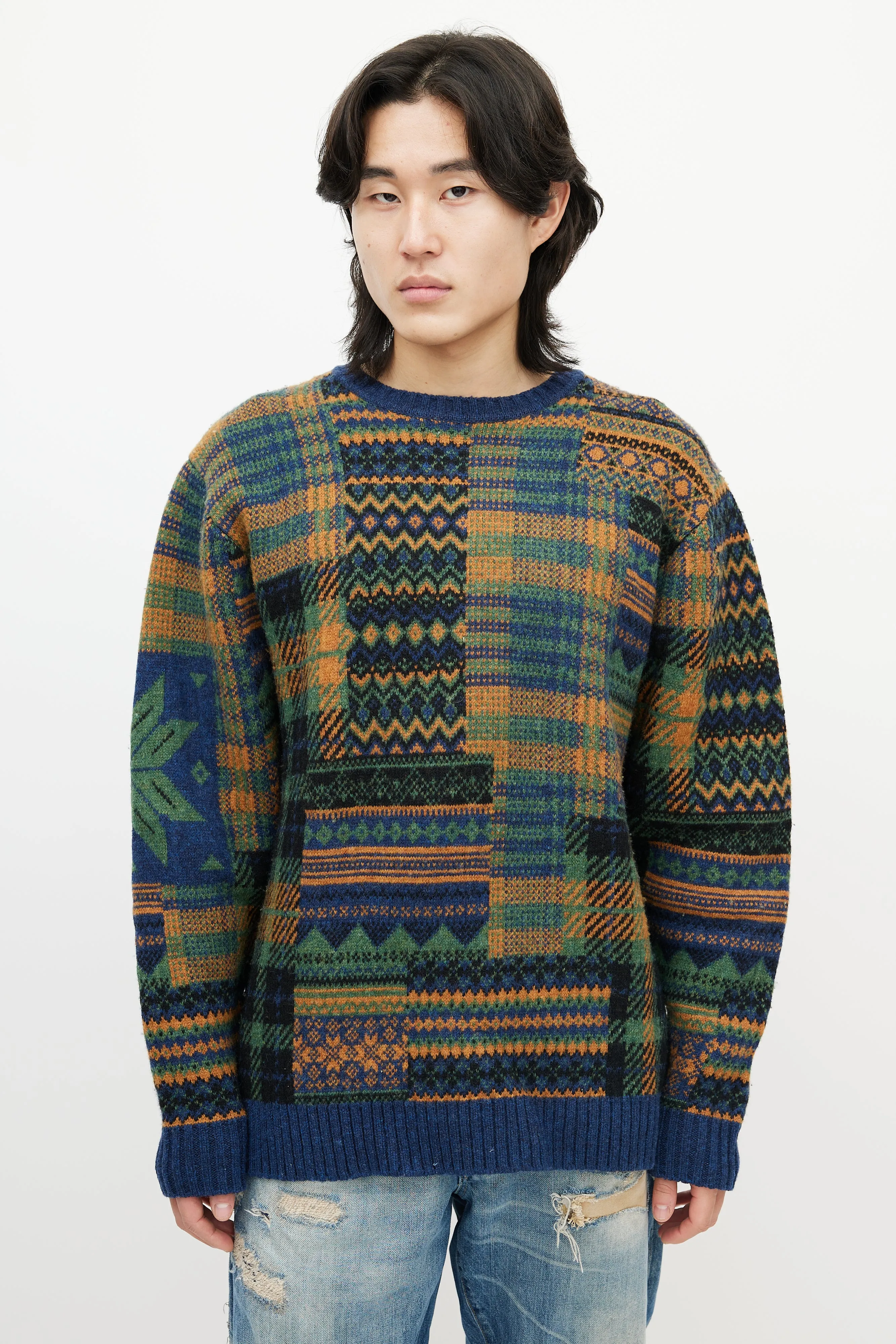 Blue & Multicolour Patterned Wool Sweater