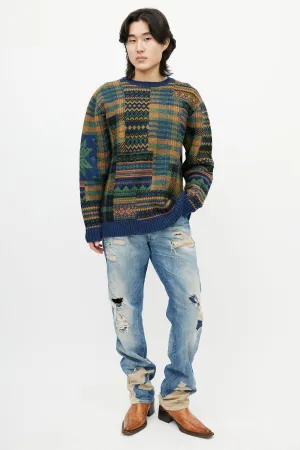 Blue & Multicolour Patterned Wool Sweater