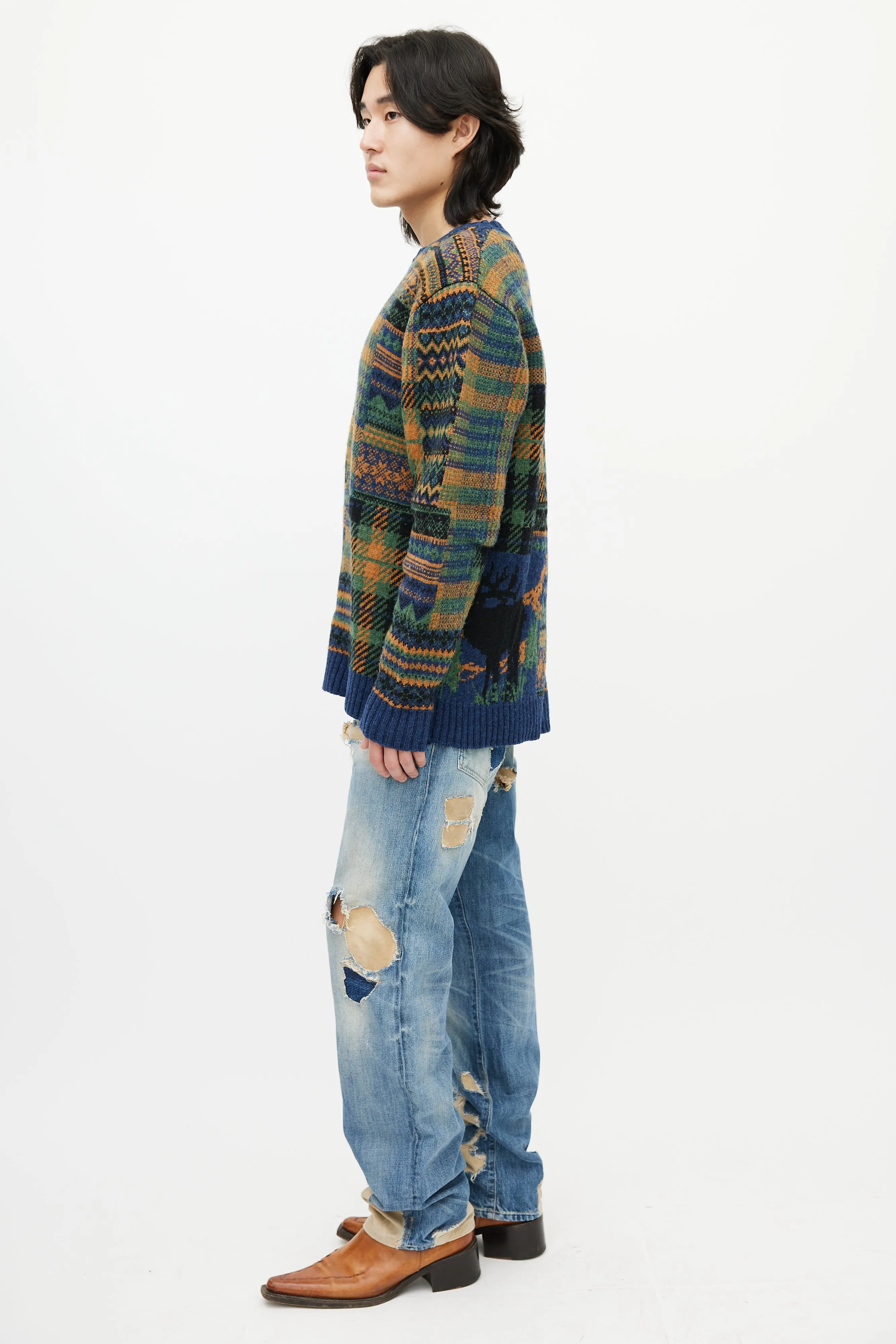 Blue & Multicolour Patterned Wool Sweater