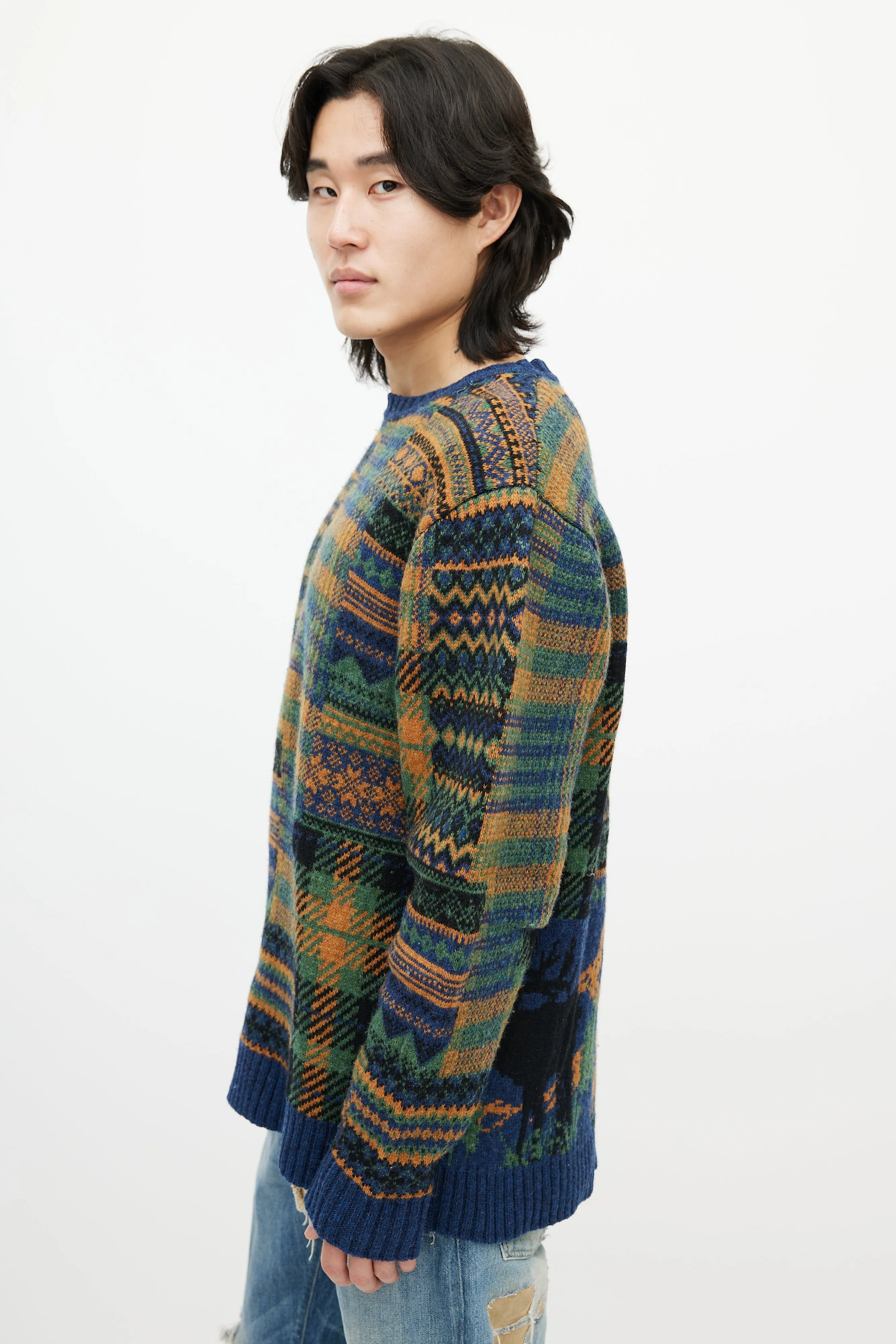 Blue & Multicolour Patterned Wool Sweater
