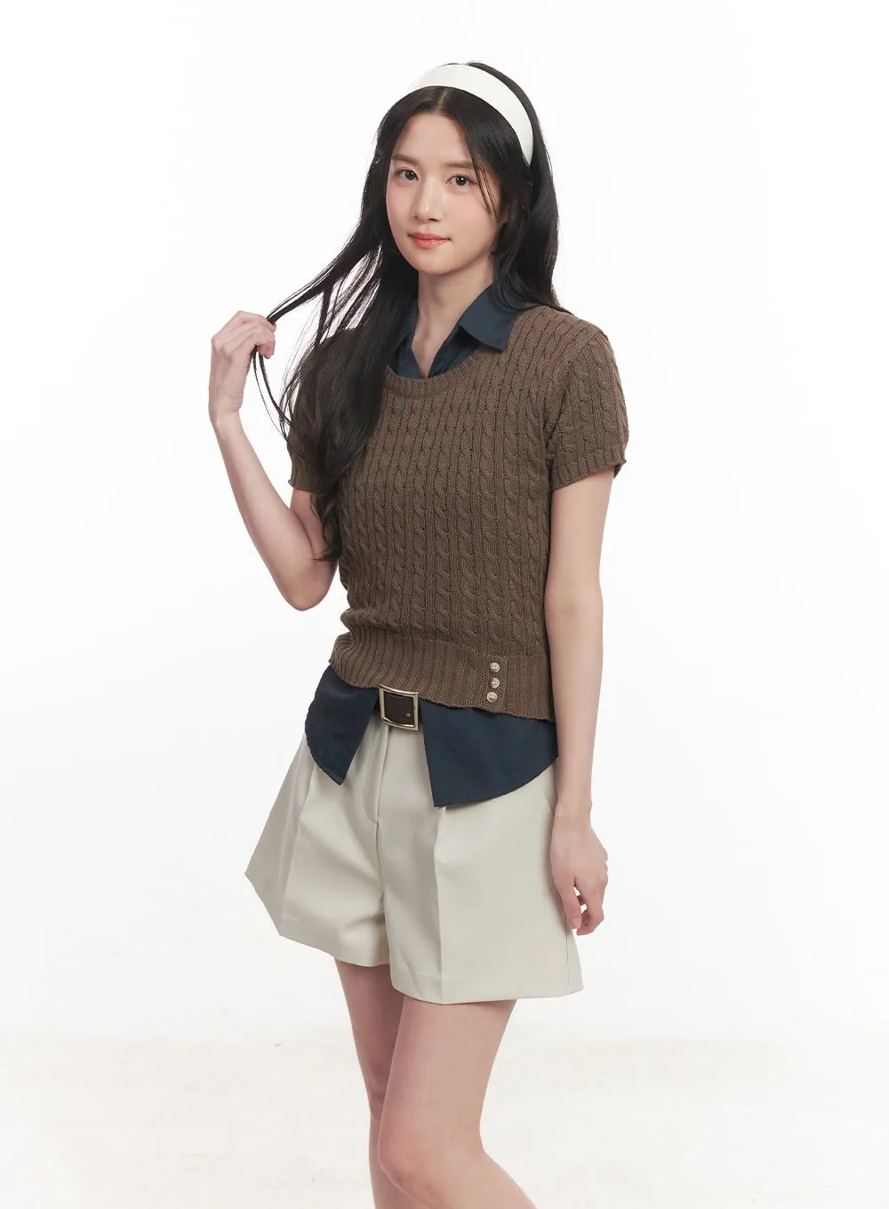 Cable Knit Short Sleeve Sweater CA510