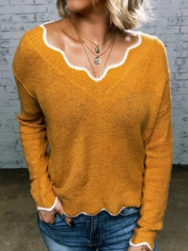 Casual Wave V-neck Solid Color Long Sleeved Sweater