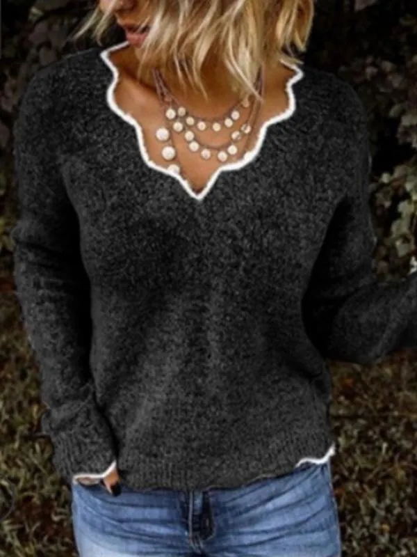 Casual Wave V-neck Solid Color Long Sleeved Sweater