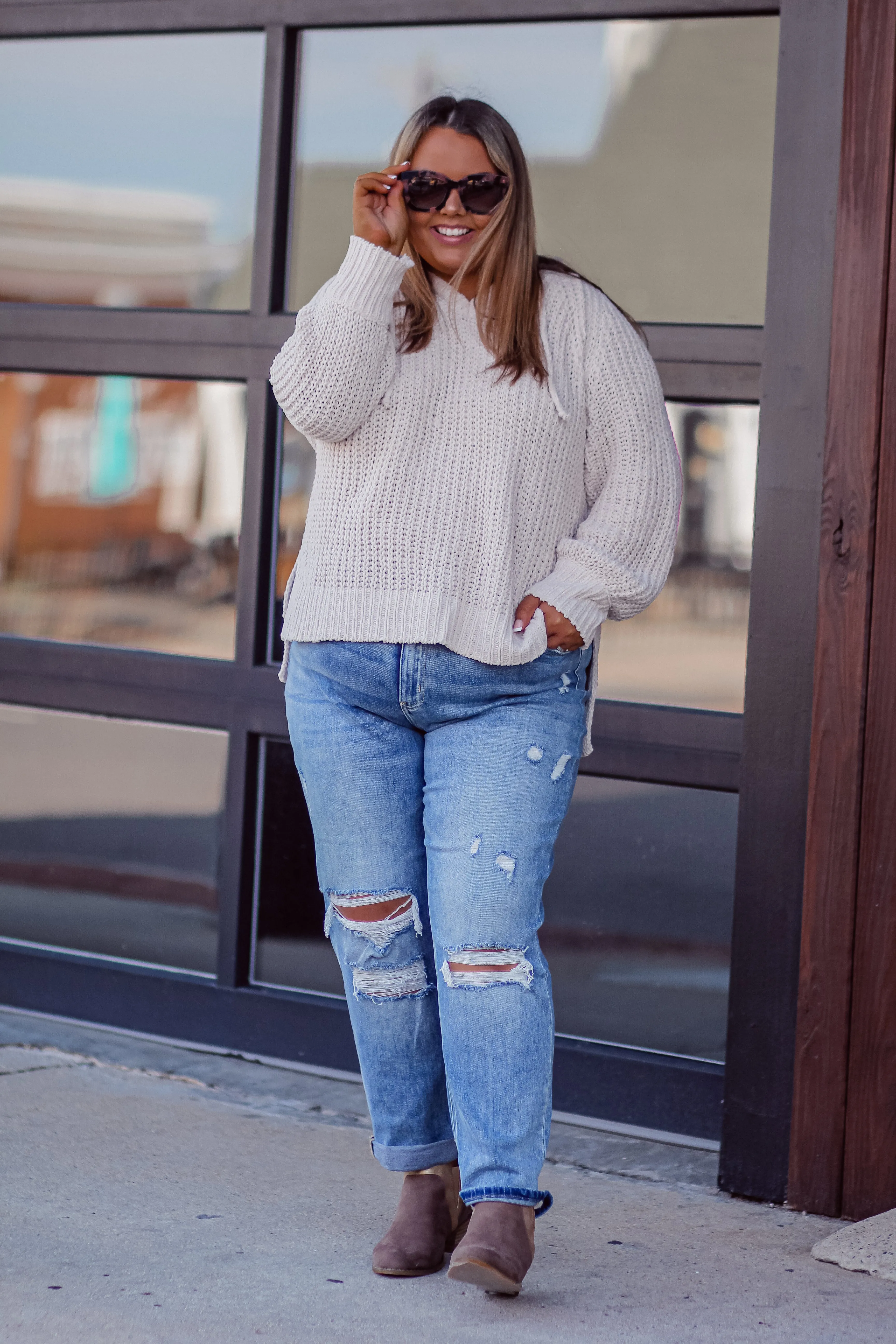 Curvy Cream Knit Hooded Sweater