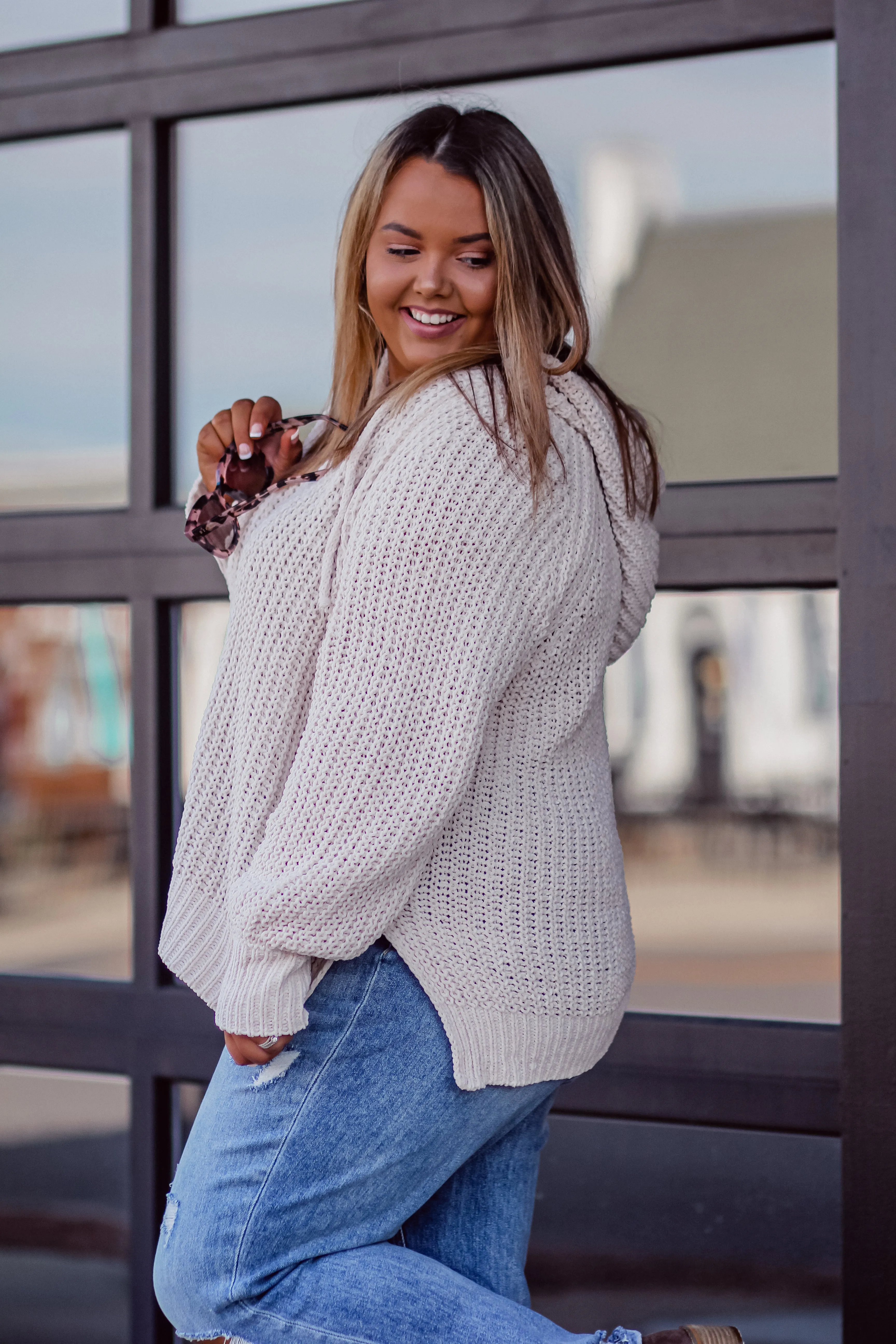 Curvy Cream Knit Hooded Sweater