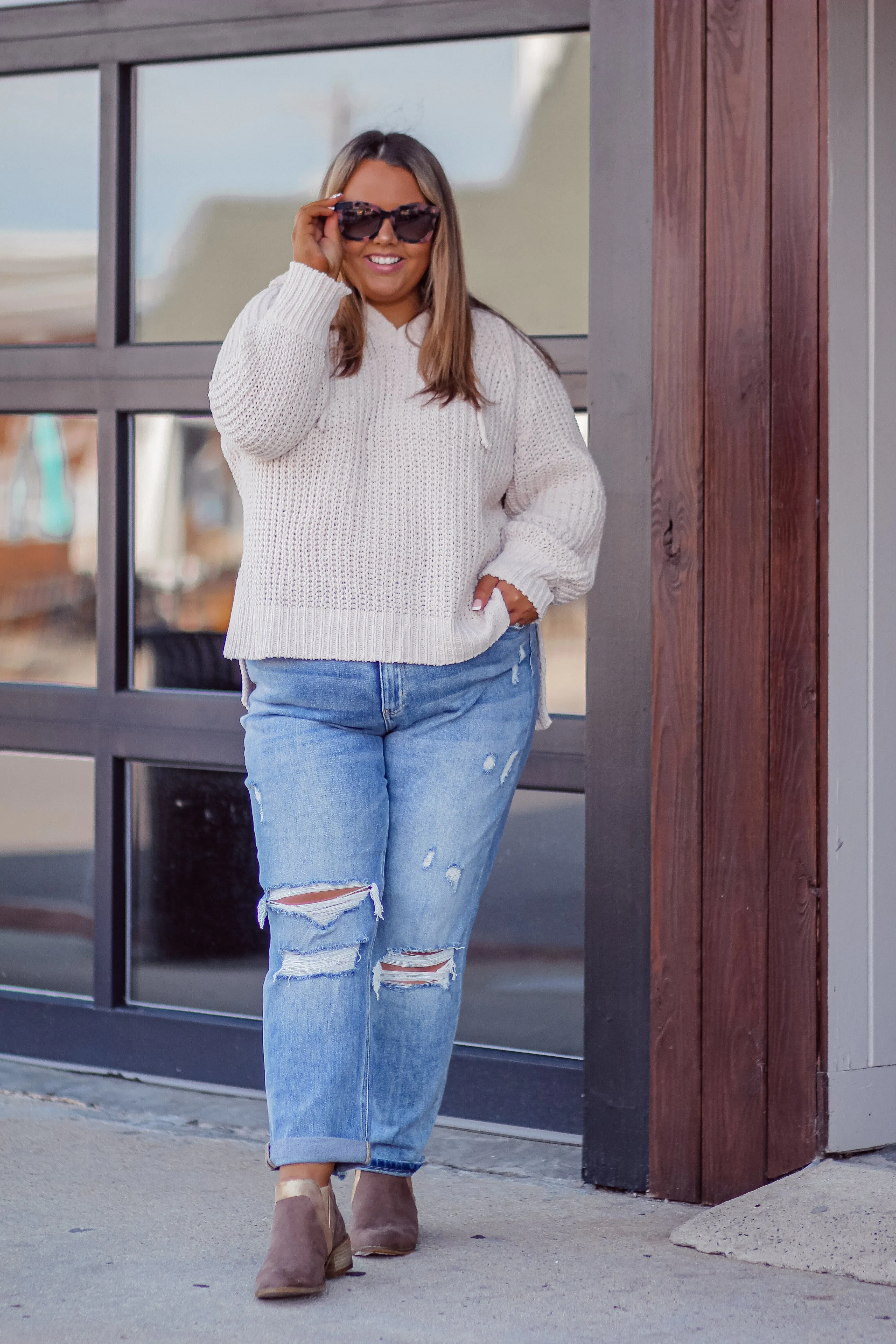 Curvy Cream Knit Hooded Sweater