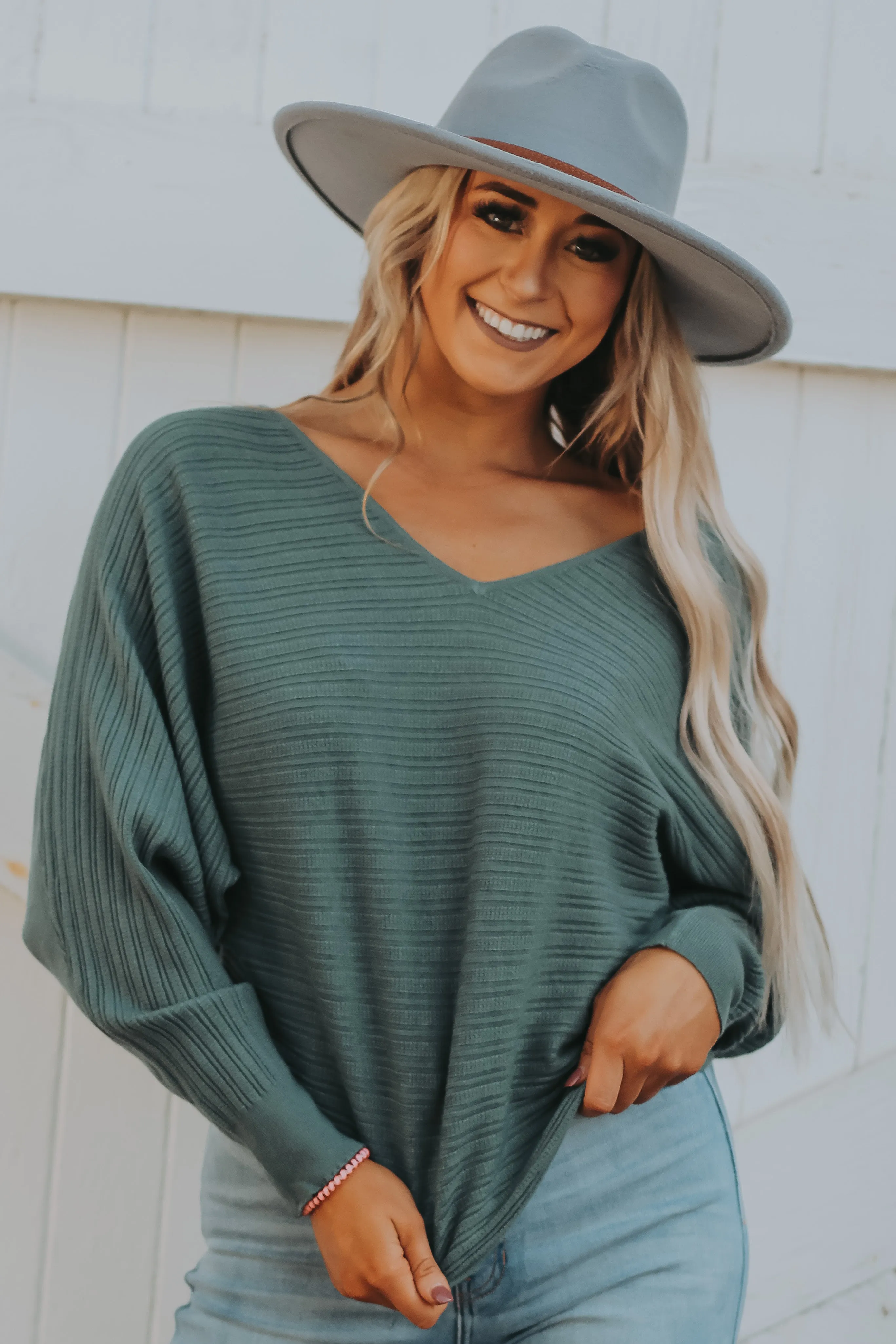 Emerald Ribbed V Neck Sweater