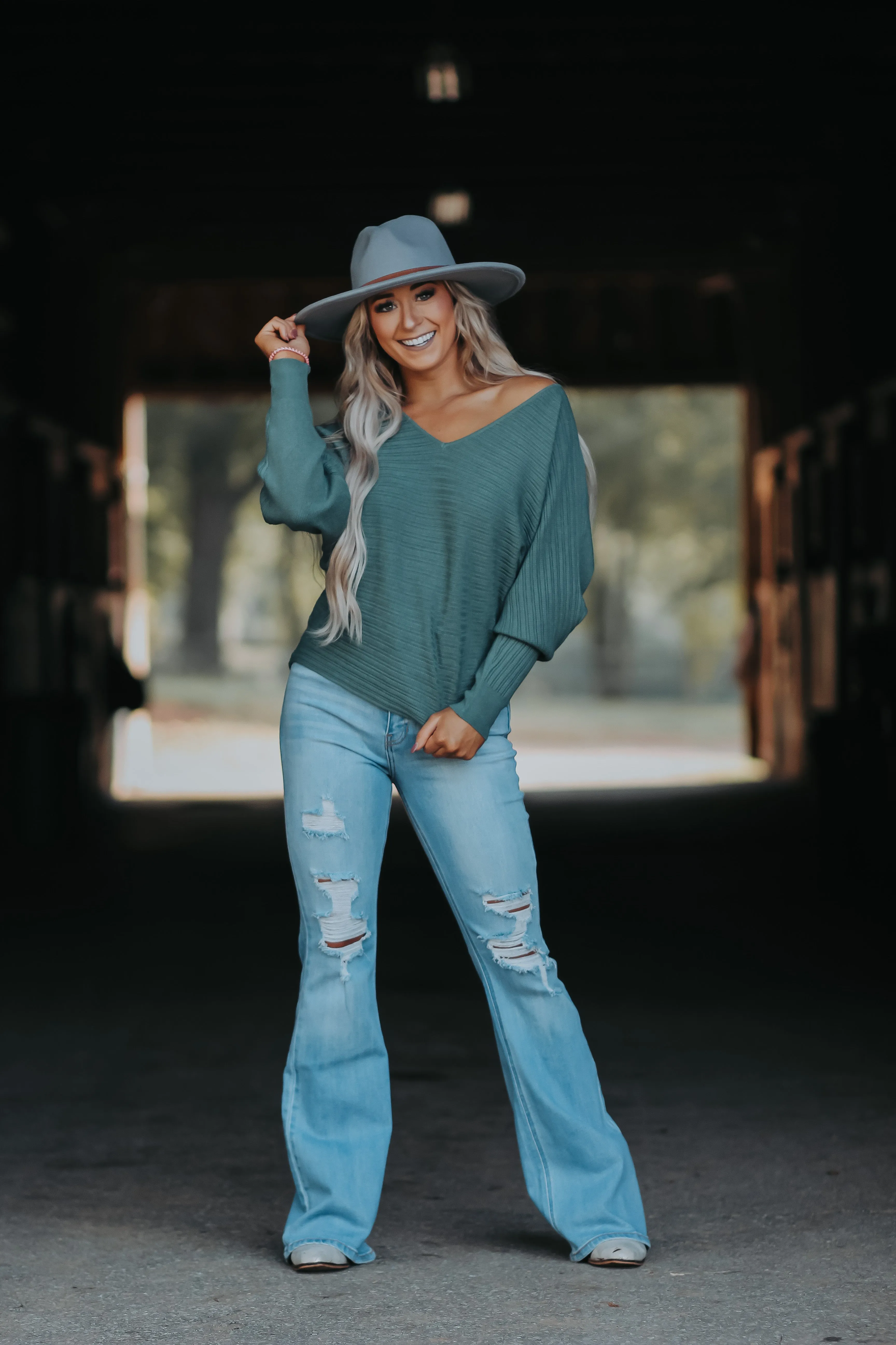 Emerald Ribbed V Neck Sweater