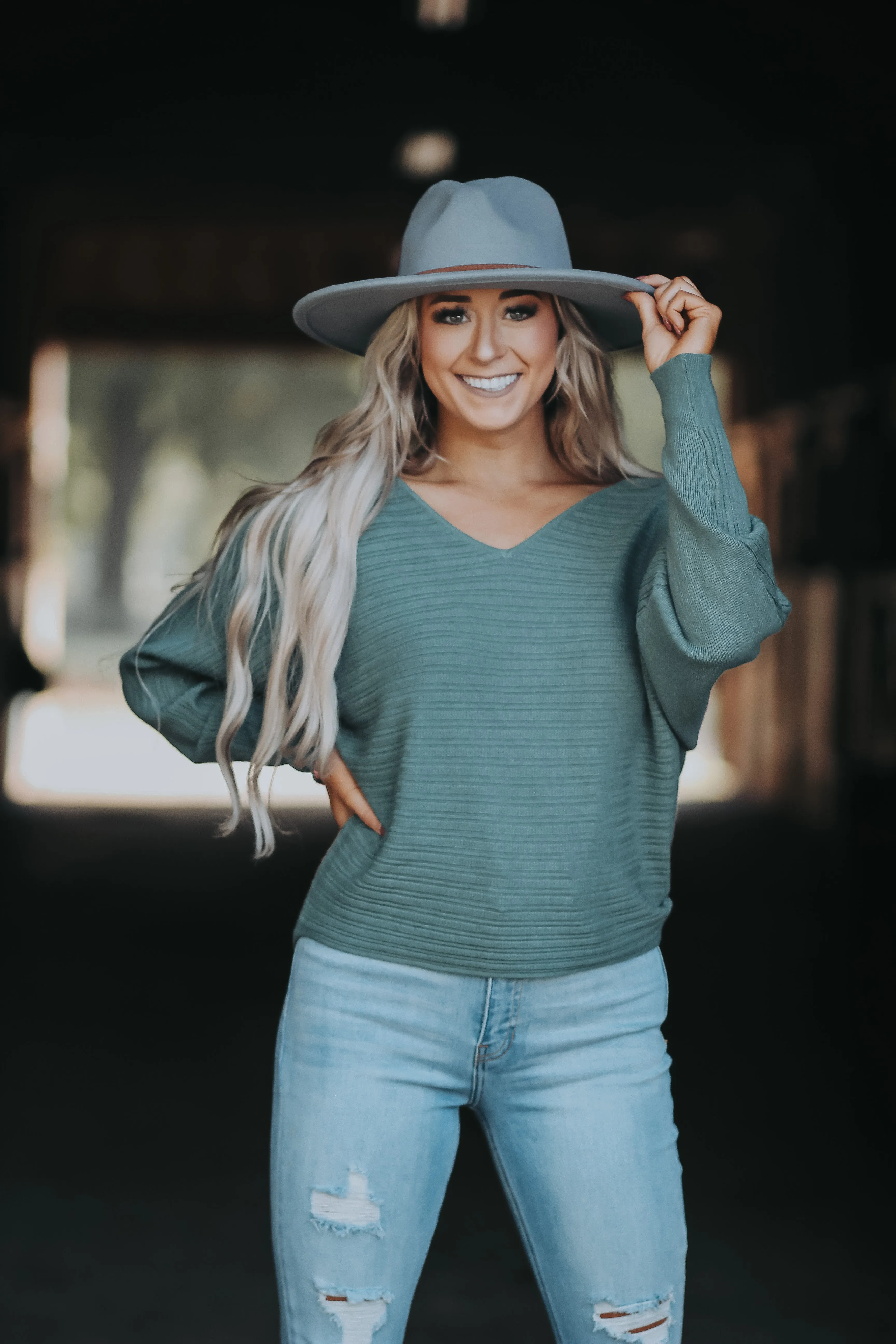 Emerald Ribbed V Neck Sweater