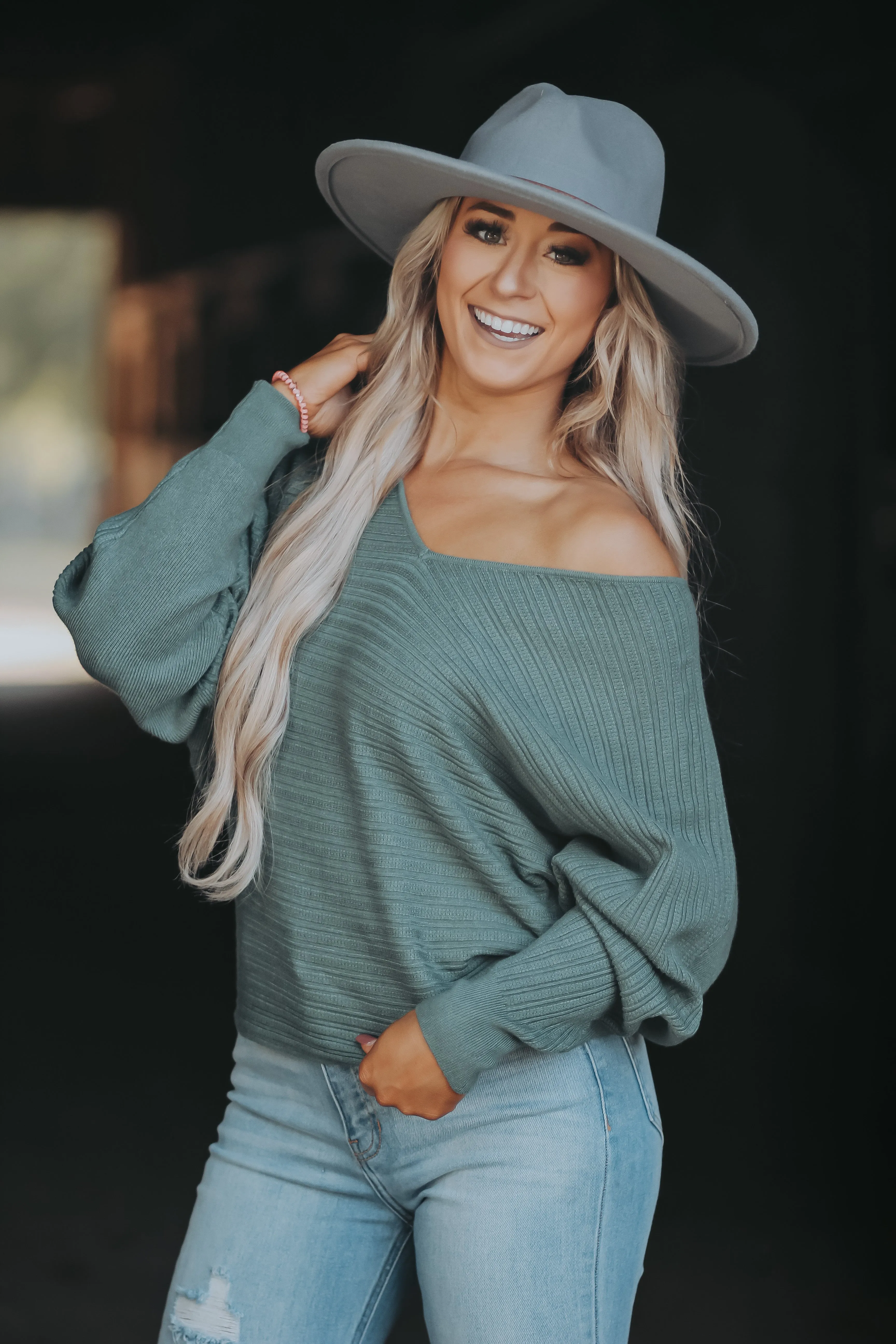 Emerald Ribbed V Neck Sweater