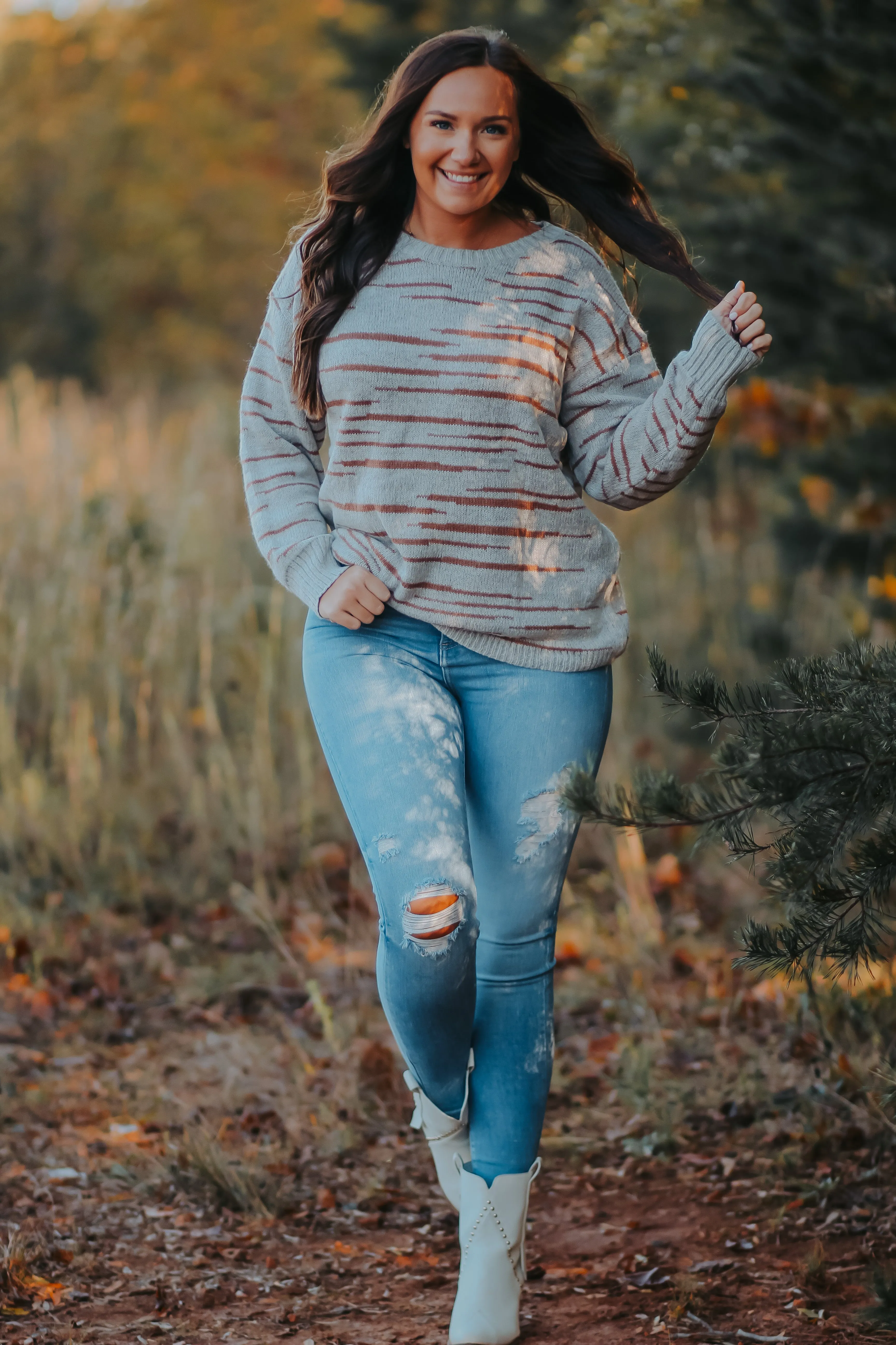 Grey & Brown Stripe Knit Sweater