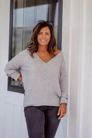 Heather Grey V Neck Textured Sweater