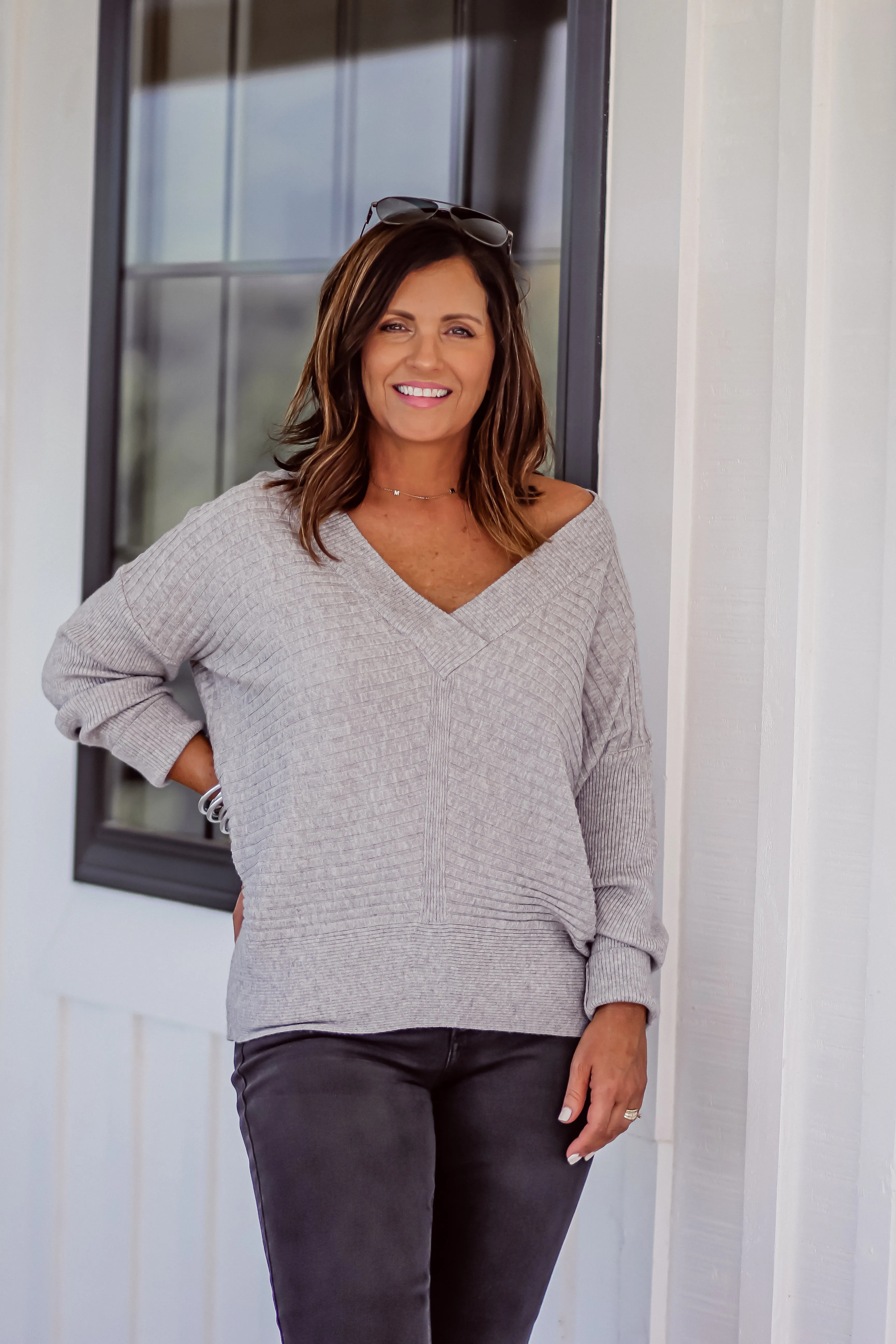 Heather Grey V Neck Textured Sweater