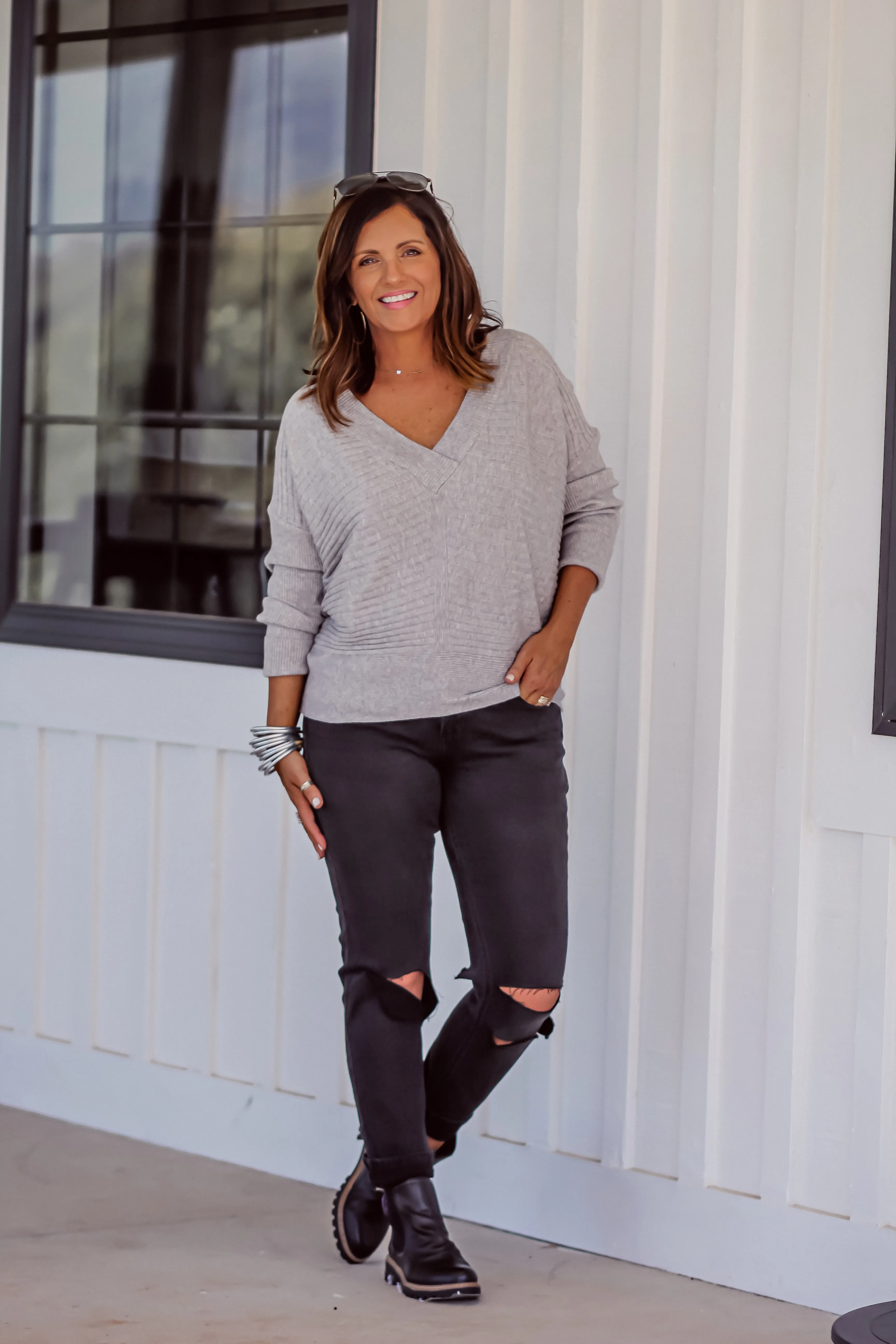 Heather Grey V Neck Textured Sweater