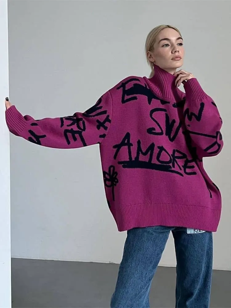 High neck letter print long sleeve sweater