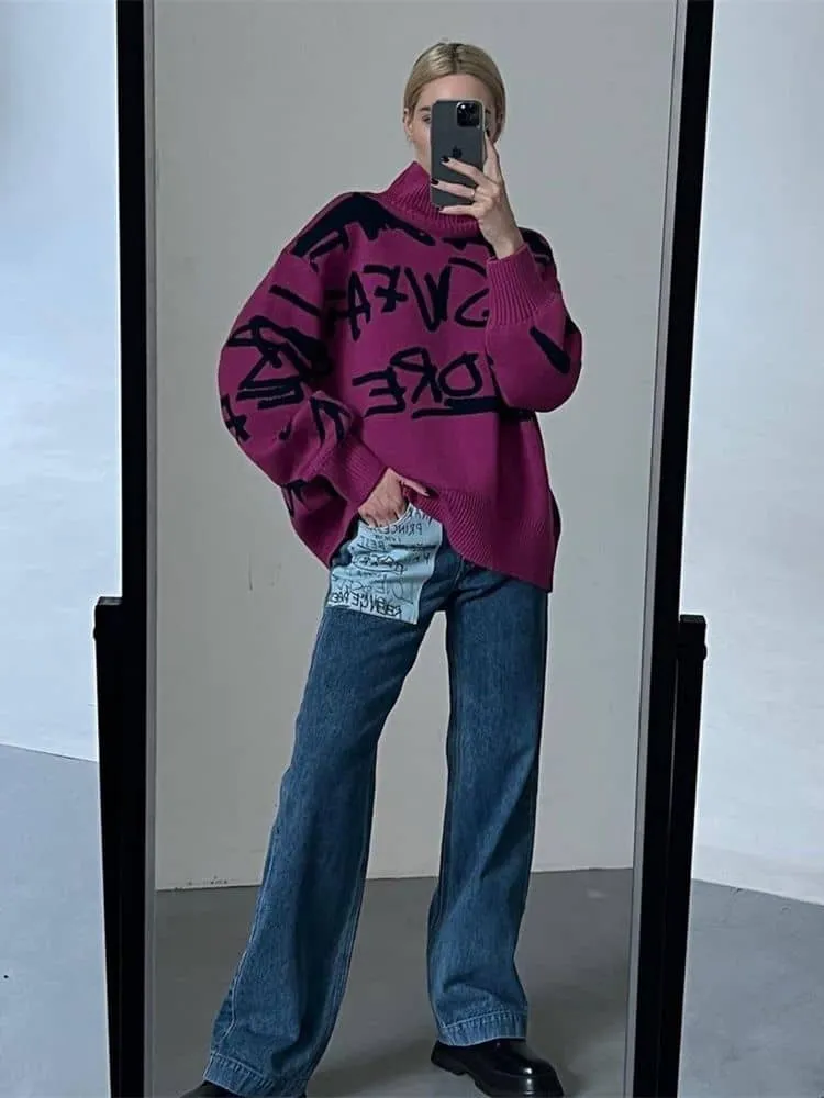 High neck letter print long sleeve sweater