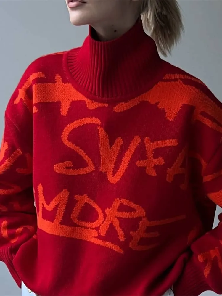 High neck letter print long sleeve sweater