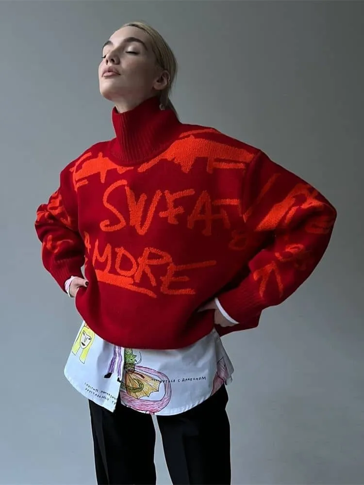 High neck letter print long sleeve sweater