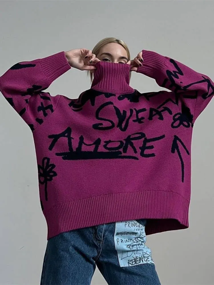 High neck letter print long sleeve sweater