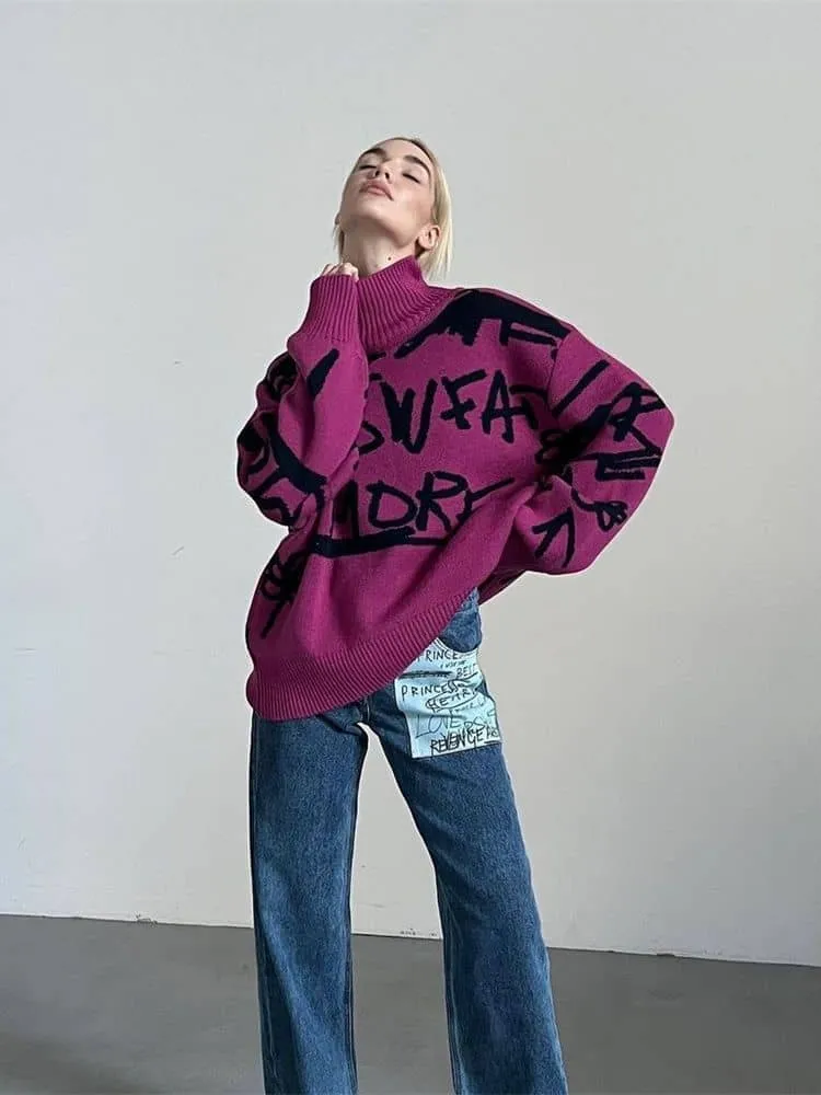 High neck letter print long sleeve sweater