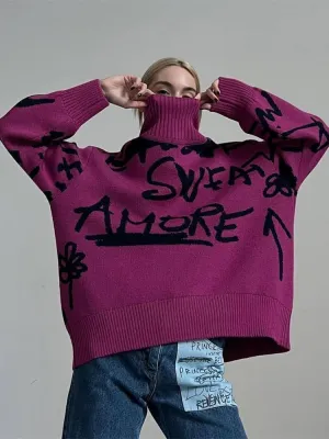 High neck letter print long sleeve sweater
