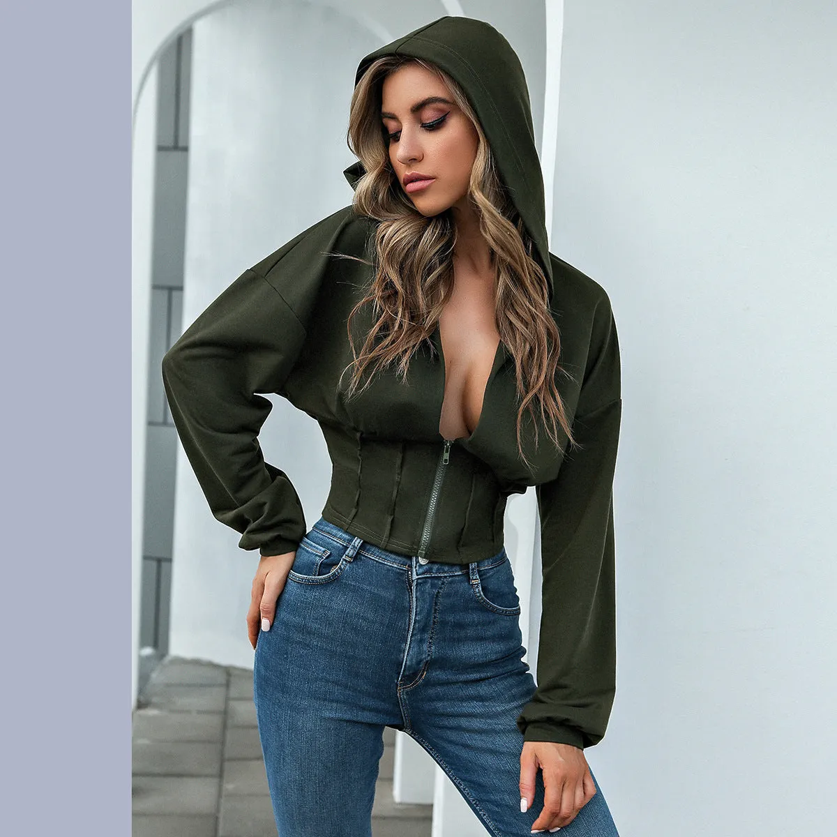 Hooded sexy V-neck long-sleeved top waist zipper jacket