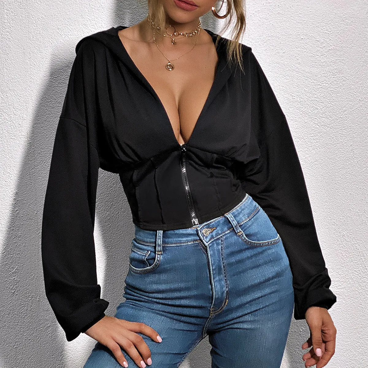Hooded sexy V-neck long-sleeved top waist zipper jacket