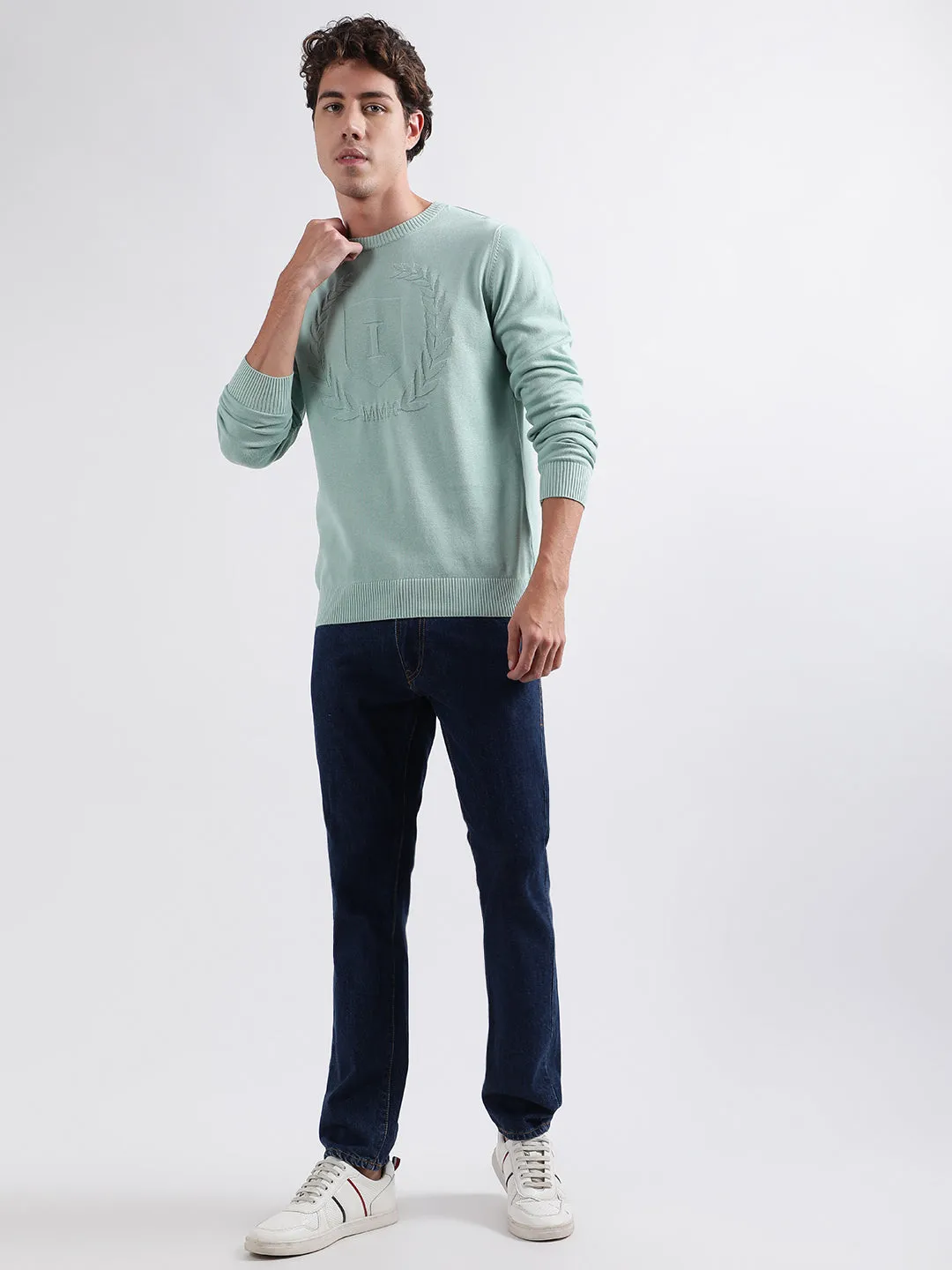 Iconic Men Green Solid Round Neck Full Sleeves Pullover Style Sweater