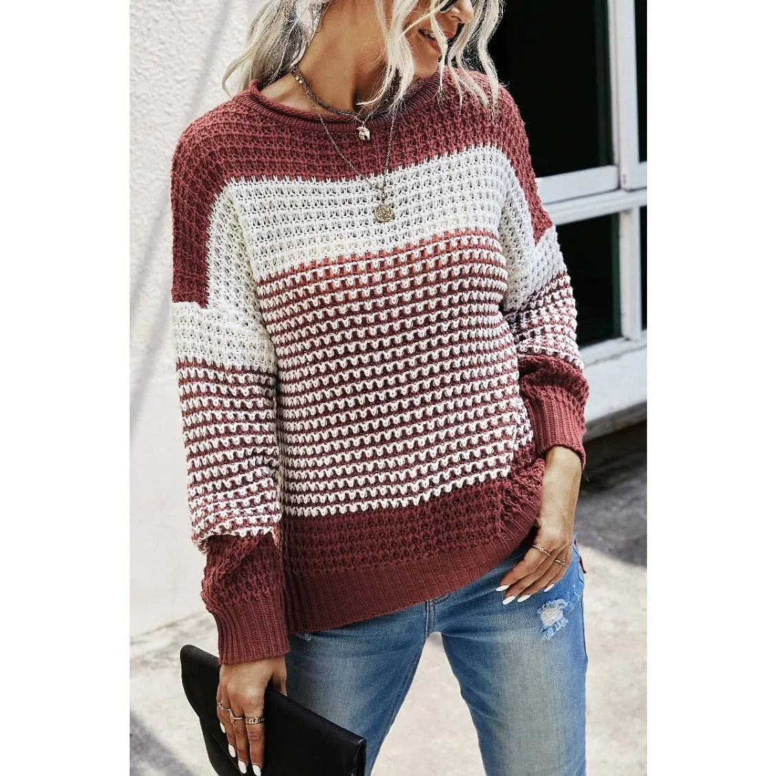 Knit Strip Long Sleeves Sweater