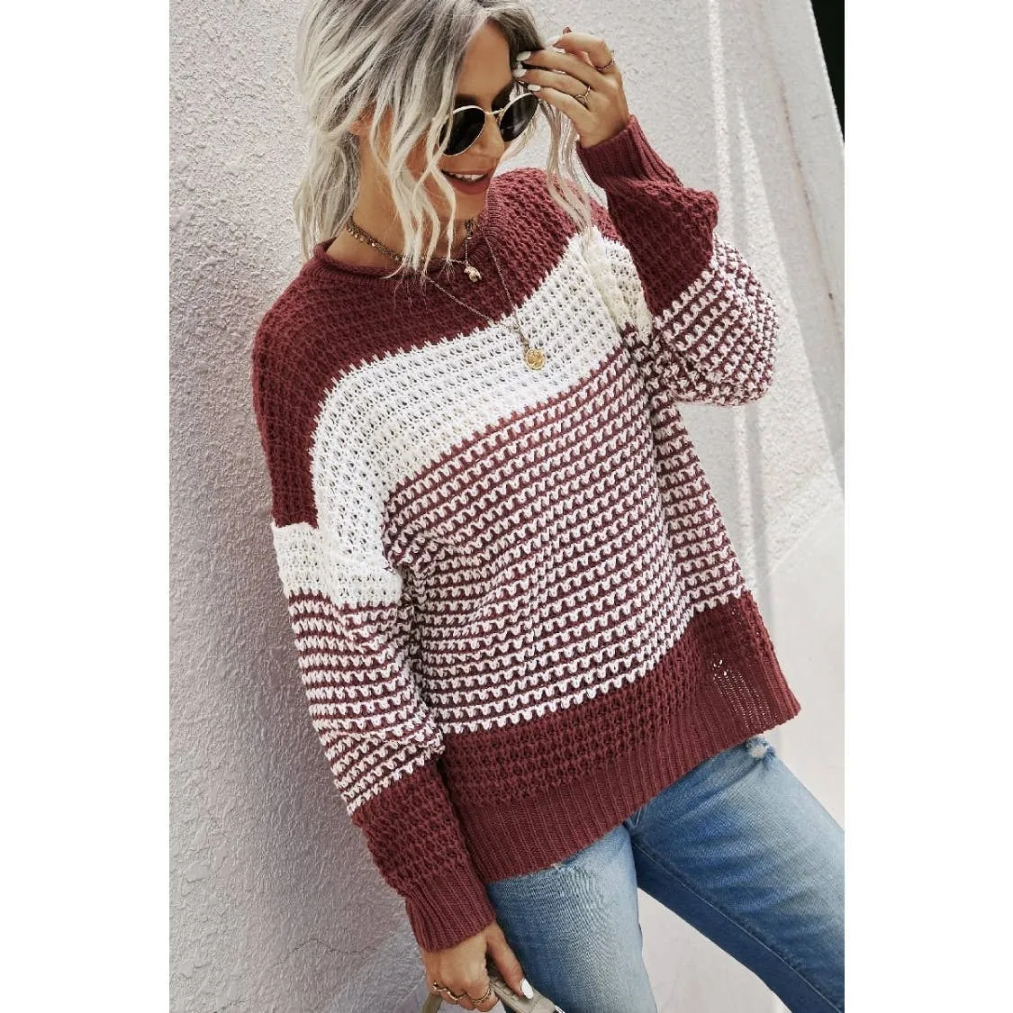 Knit Strip Long Sleeves Sweater