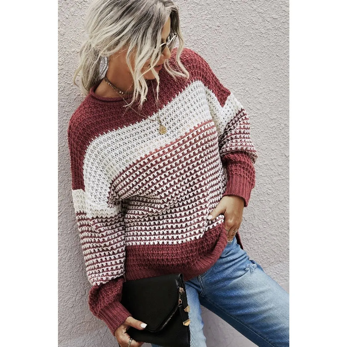 Knit Strip Long Sleeves Sweater