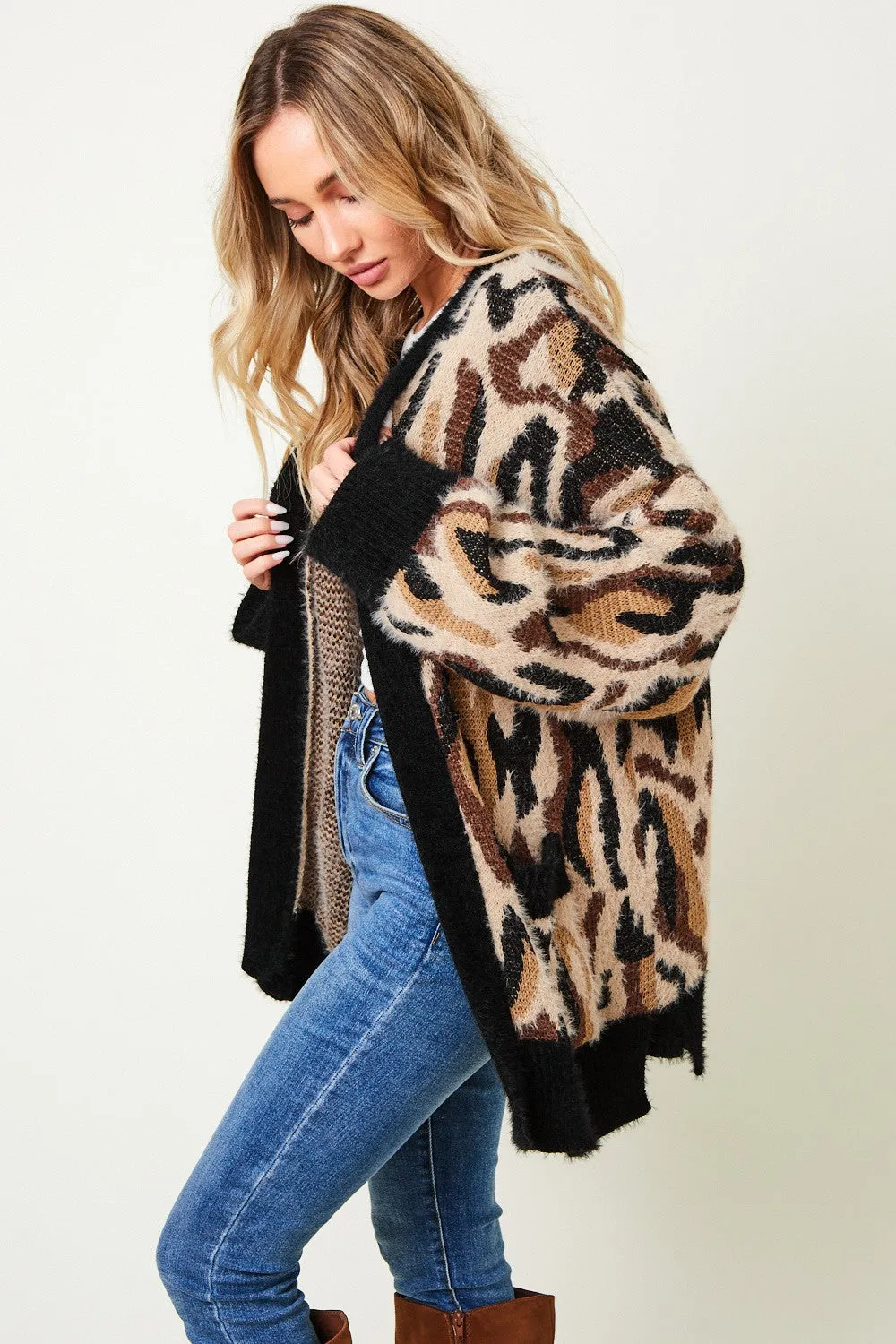 Leopard Pattern Button Down Long Sleeve Soft Loose Knit Sweater Cardigan