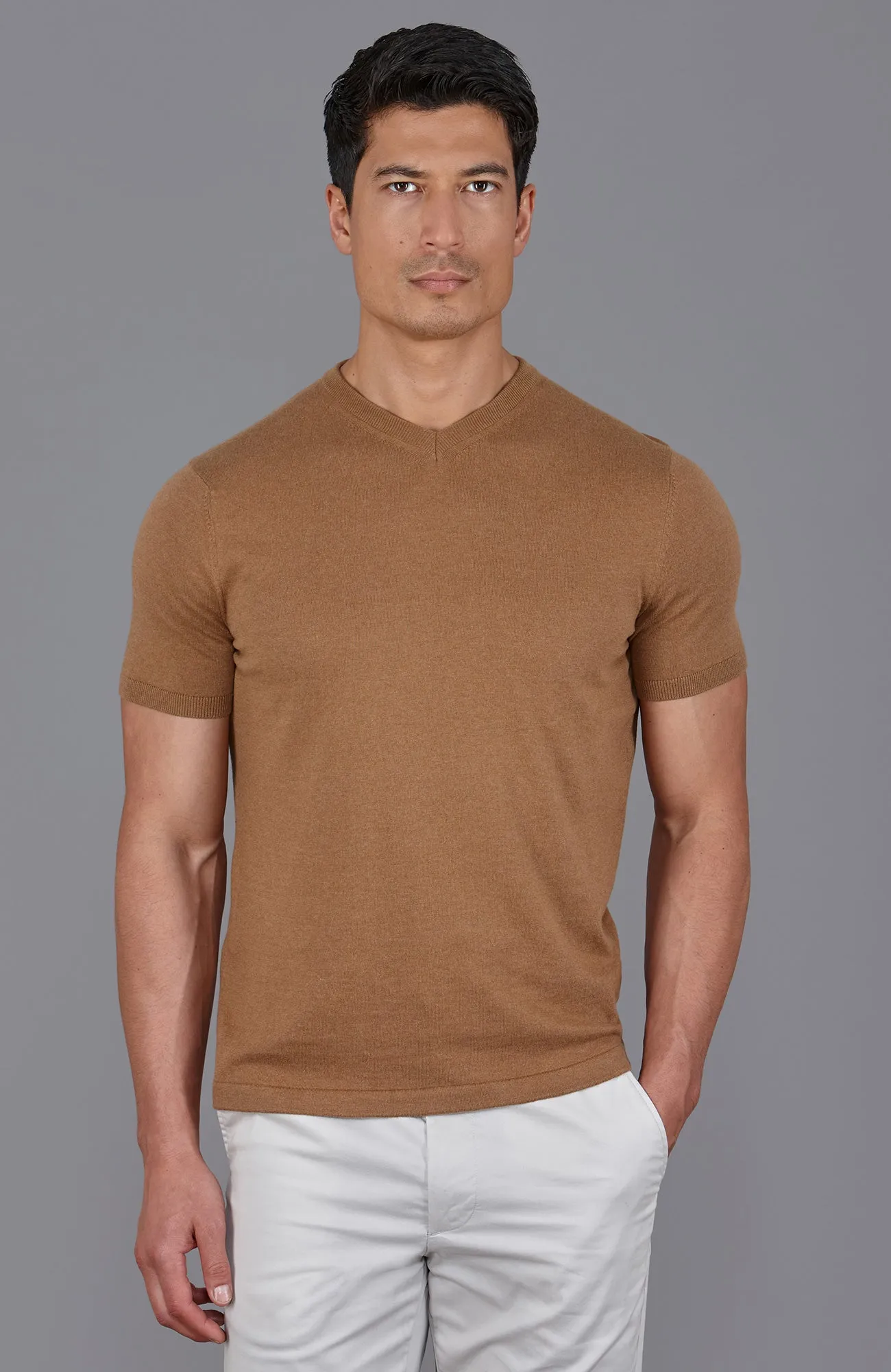 Mens Ultra Fine Cotton High V Neck Knitted T-Shirt