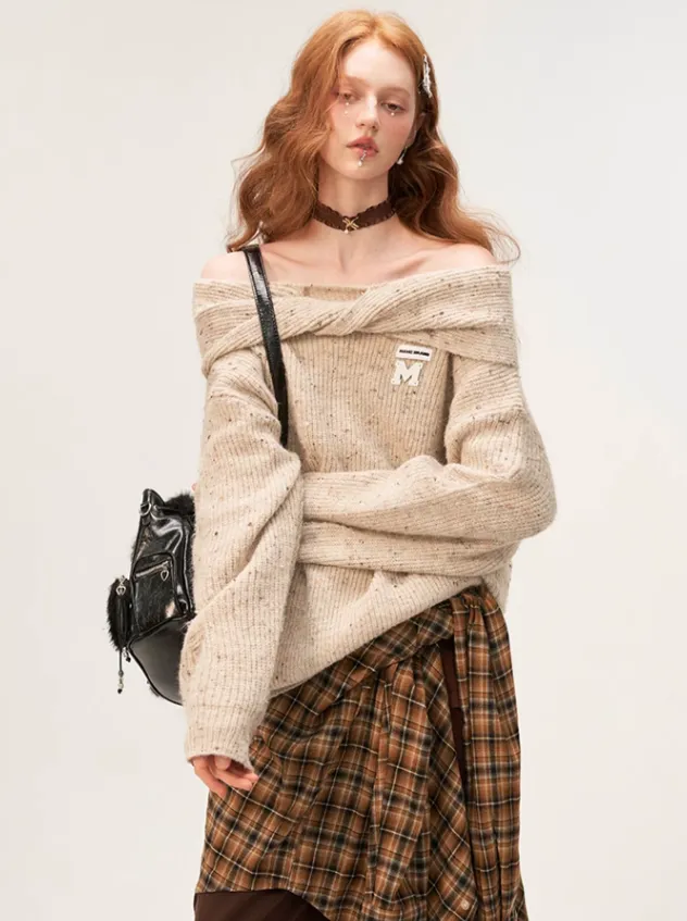 Off-the-shoulder Knit Loose Damaged