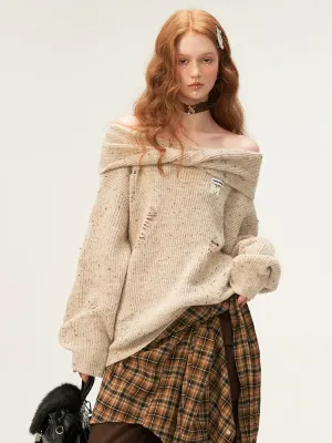Off-the-shoulder Knit Loose Damaged