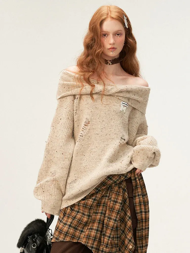 Off-the-shoulder Knit Loose Damaged