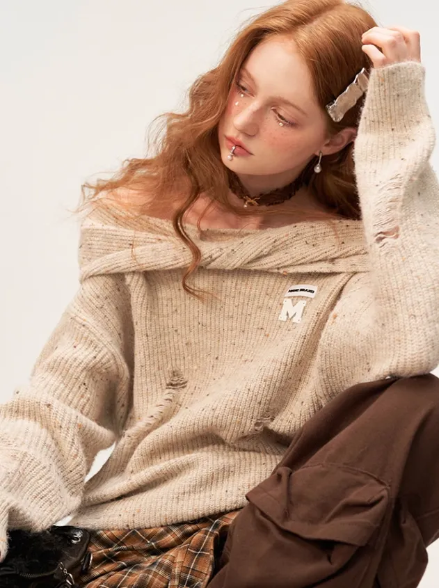 Off-the-shoulder Knit Loose Damaged