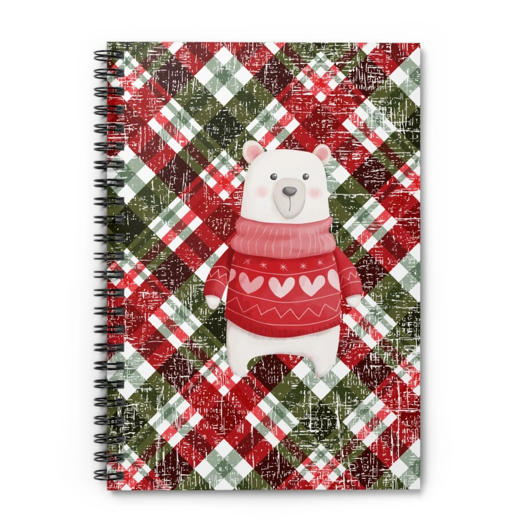 Polar Bear in Christmas Sweater Spiral Notebook - Ruled Line: Cozy Plaid Background