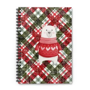 Polar Bear in Christmas Sweater Spiral Notebook - Ruled Line: Cozy Plaid Background