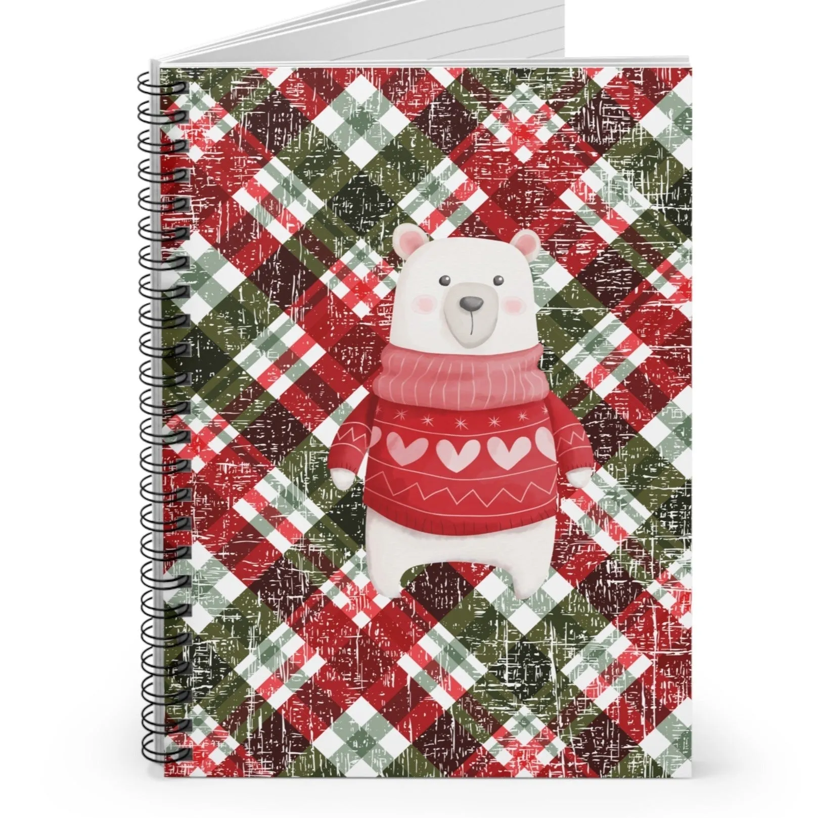 Polar Bear in Christmas Sweater Spiral Notebook - Ruled Line: Cozy Plaid Background