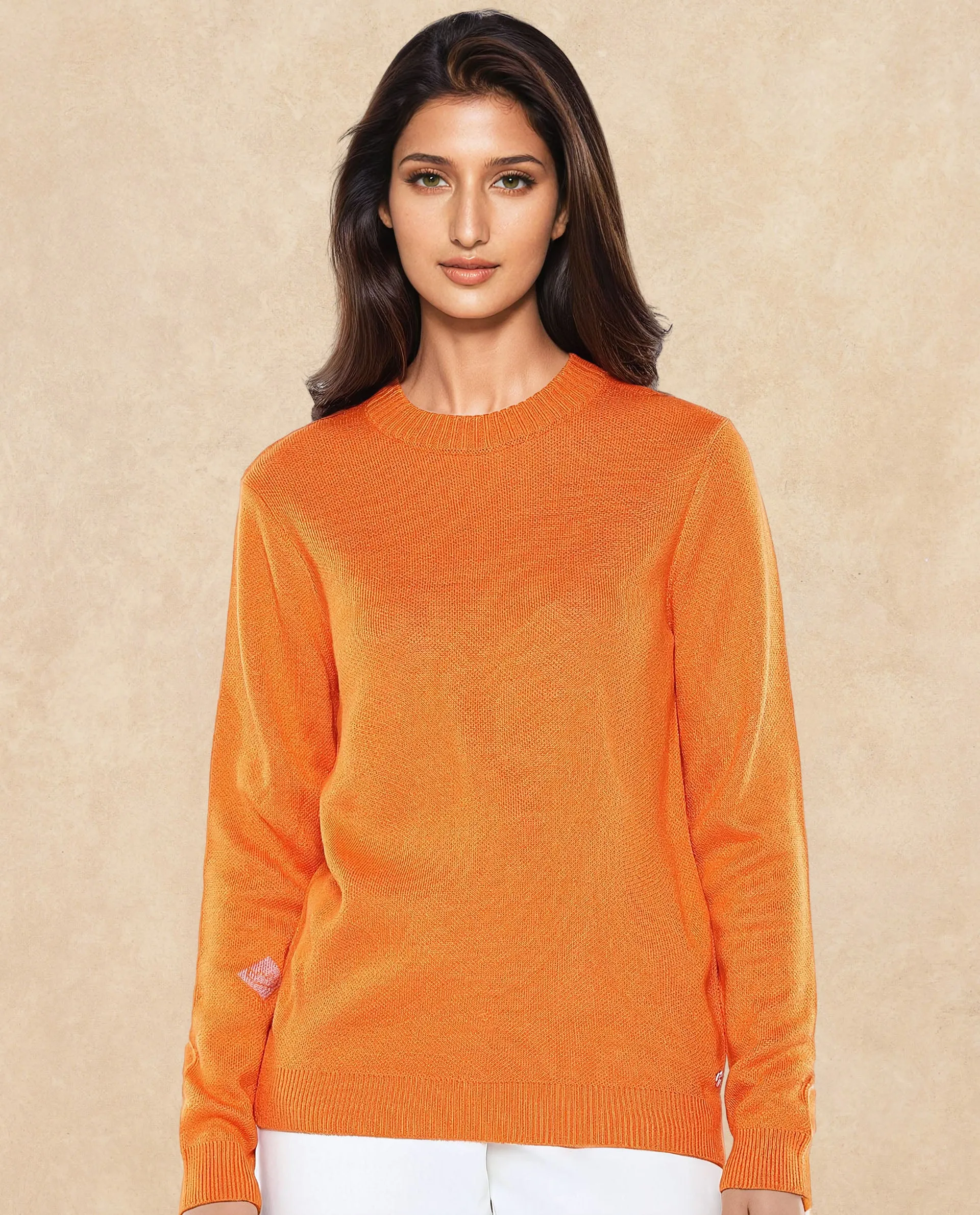 Rareism Women Ruto Orange Relaxed Fit Printed Sweater