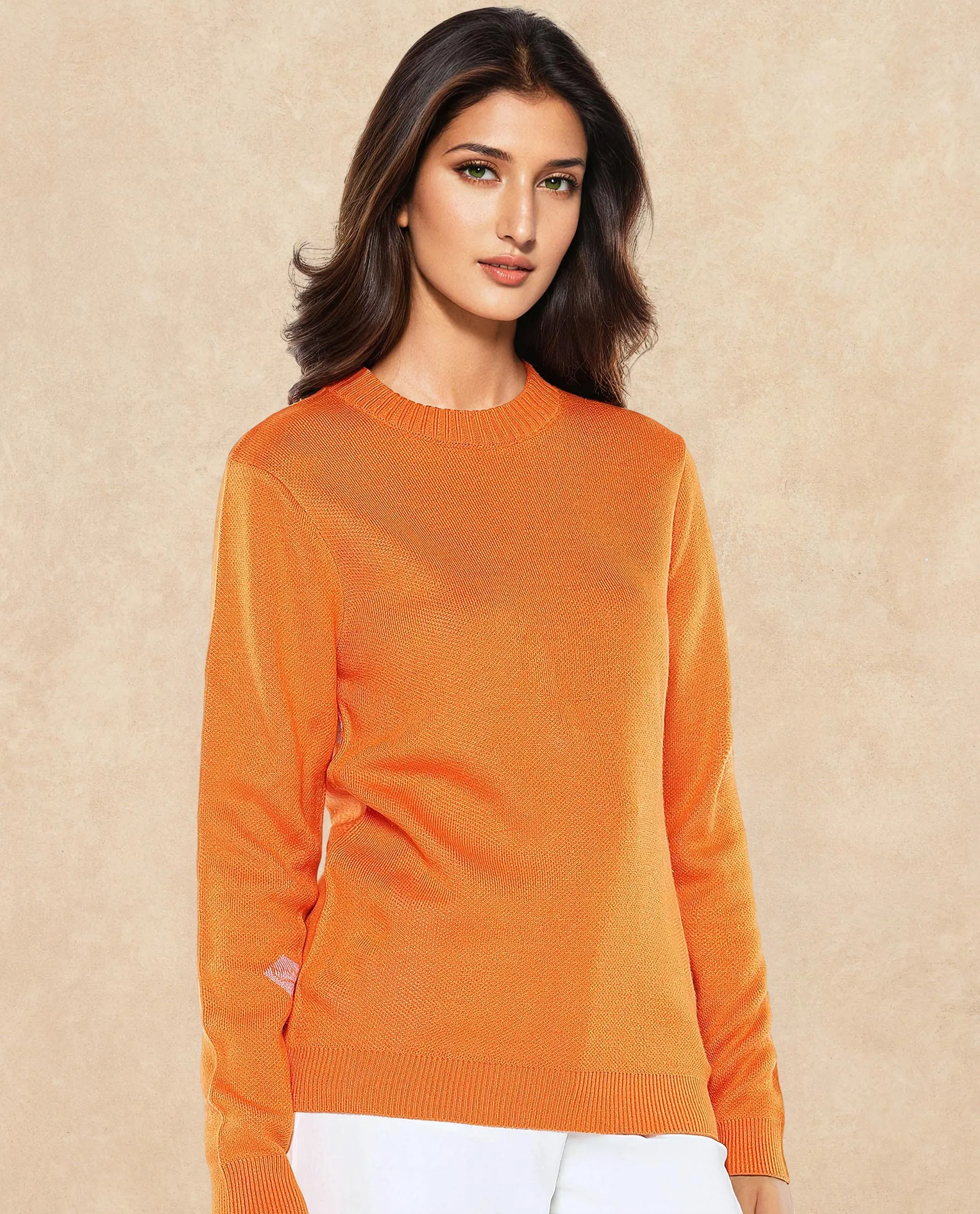 Rareism Women Ruto Orange Relaxed Fit Printed Sweater